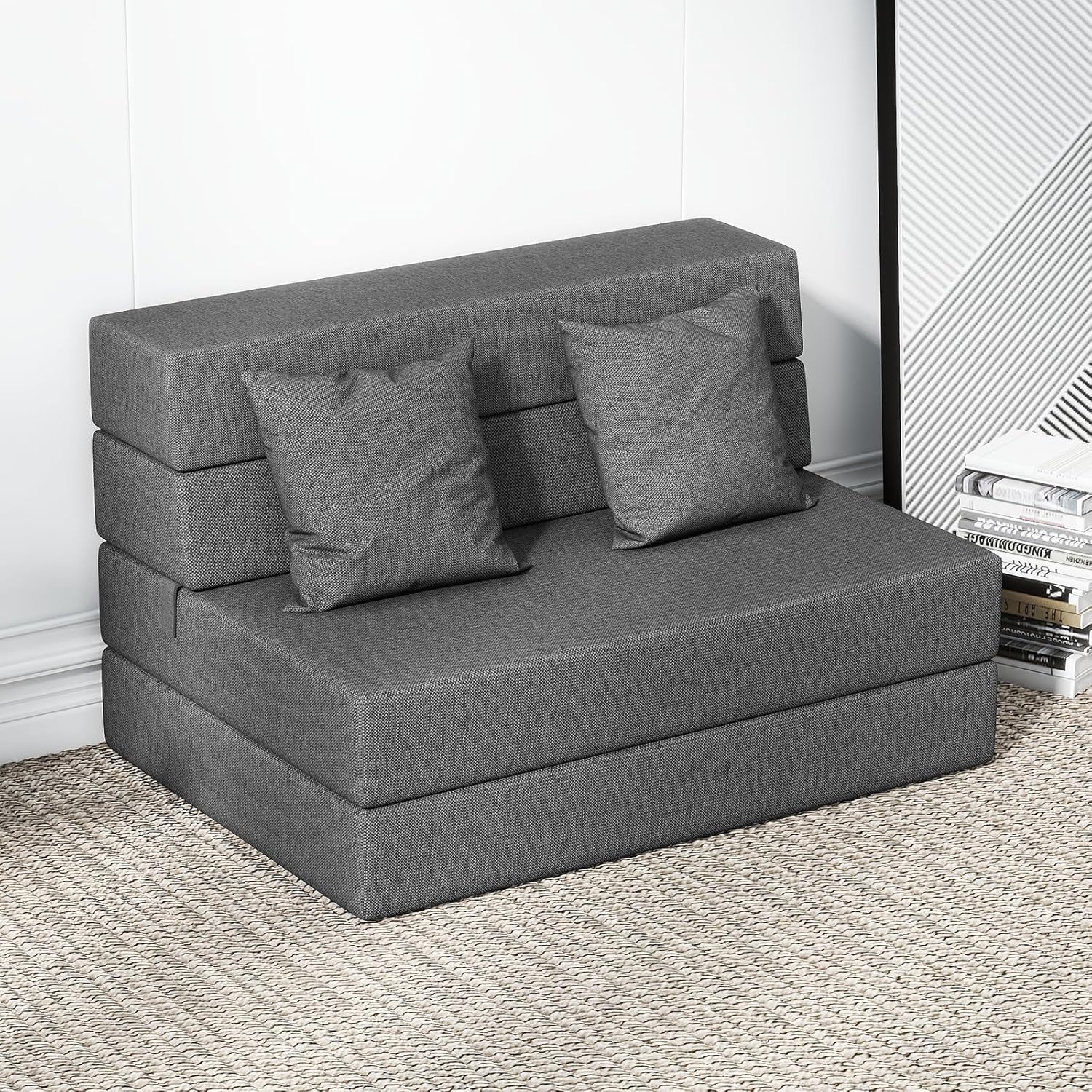 Foldable Memory Foam Mattress, 6 inch Twin Folding Mattress with Fluffy Pillows, Floor Mattresses with Breathable Cover for RV Camping, Guest Mat, Easy Storage, 75″×38″×6″