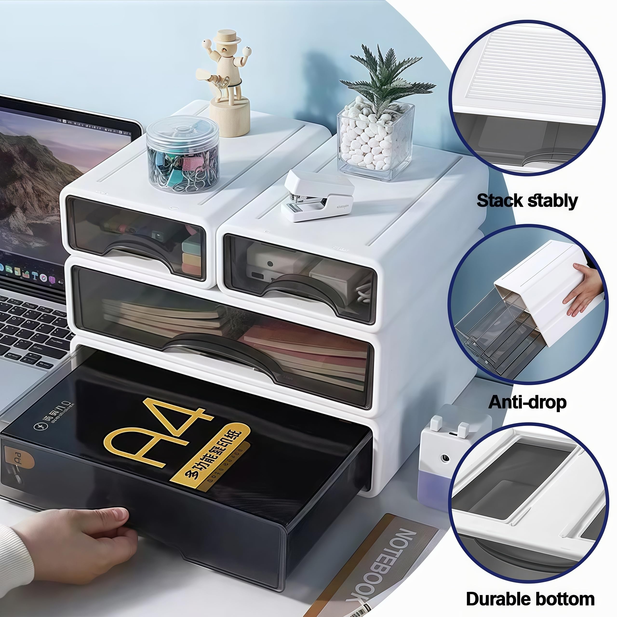 Comix Desk Organizer With Drawer, Desk Storage Box With 4 Drawers, Plastic Office Stationery Supplies Organizers, Desktop Organizer For Office School Home (White - View #6