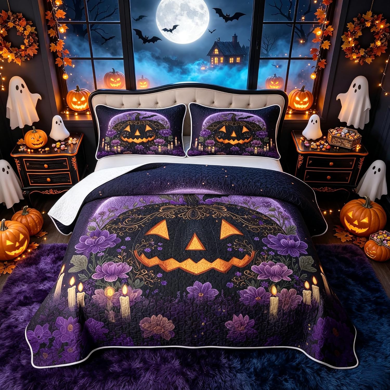 Manfei Vintage Halloween Quilt Set Rustic Ghost Witch Hat Quilt Bedding Kids Boys Girls Pumpkin Lantern Bat Spider Bed Covers for All Season with 2 Pillow Sham King Size Orange Brown