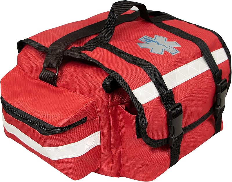 Primacare KB-RO74-R First Responder Trauma Bag, 17" x 9" x 7", Red — EMT/EMS Medical Supply Organizer with Padded Dividers, Multiple Compartments, Side Pockets, Reflective Strip, Durable Design