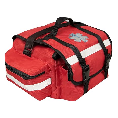 Primacare KB-RO74-R First Responder Trauma Bag, 17 x 9 x 7, Red EMT/EMS Medical Supply Organizer with Padded Dividers, Multiple Compartments, Side Pockets, Reflective Strip, Durable Design