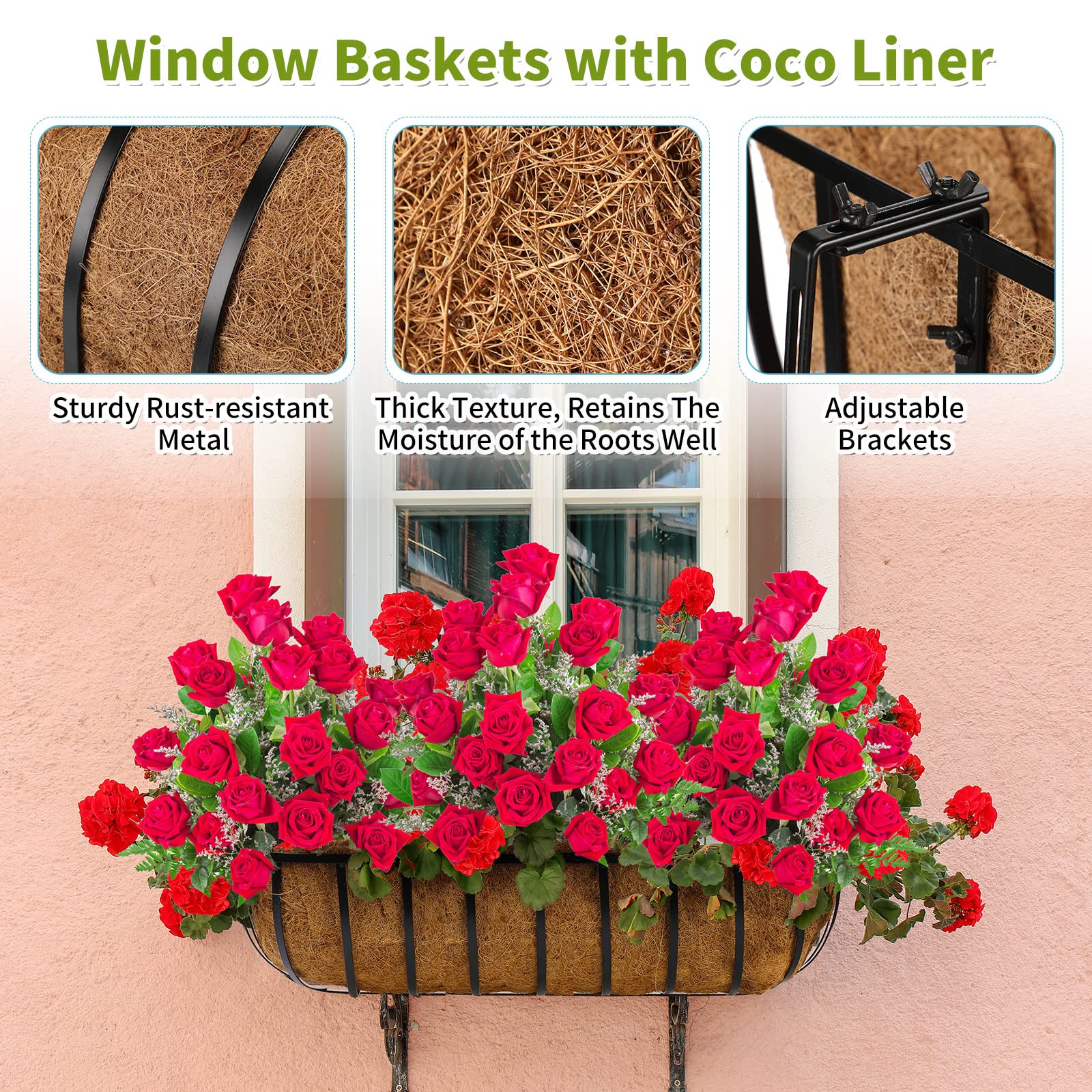 Tessco - 4 cestas de ventana con forro de coco de 36 pulgadas, macetas de barandilla, macetas de metal negro para colgar flores para interiores y exteriores