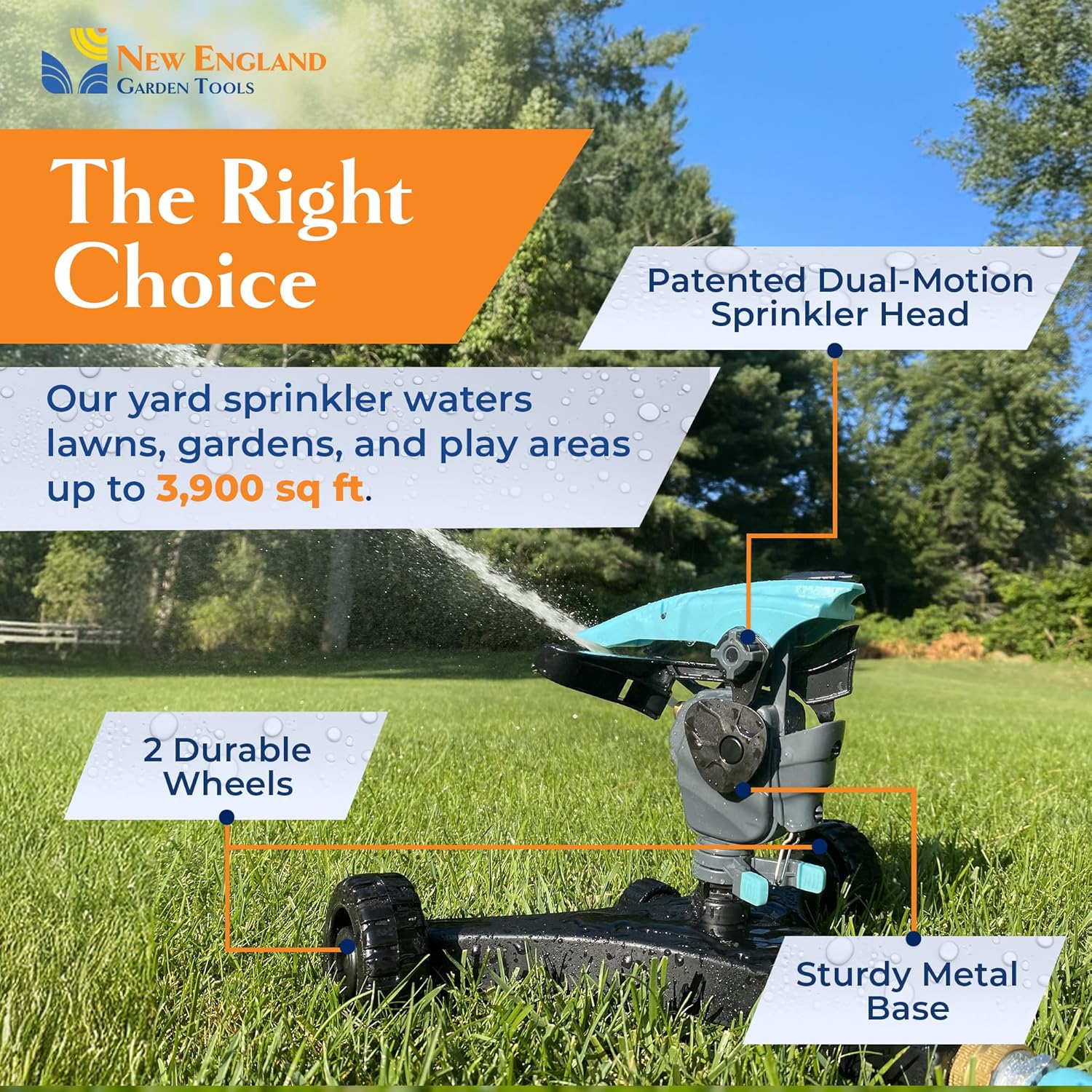 All-new Pulsating Lawn Sprinkler 300011, Impact Sprinkler w/ 70 ft Reach, 360° Range Gear & Pulsating Mechanism, 3,900 sq ft Lawn & Garden Watering, Metal Base w/Wheels, by New England Garden Tools