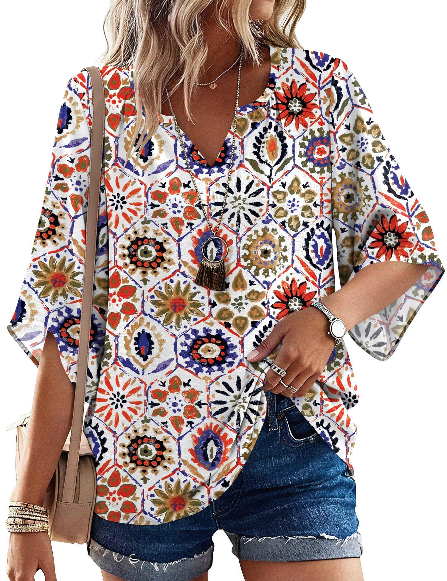 iWoo Bluse Damen 3/4 Arm Boho Tops Elegante V-Ausschnitt Locker Tunika Shirts Casual Oberteil Sommer Blusen