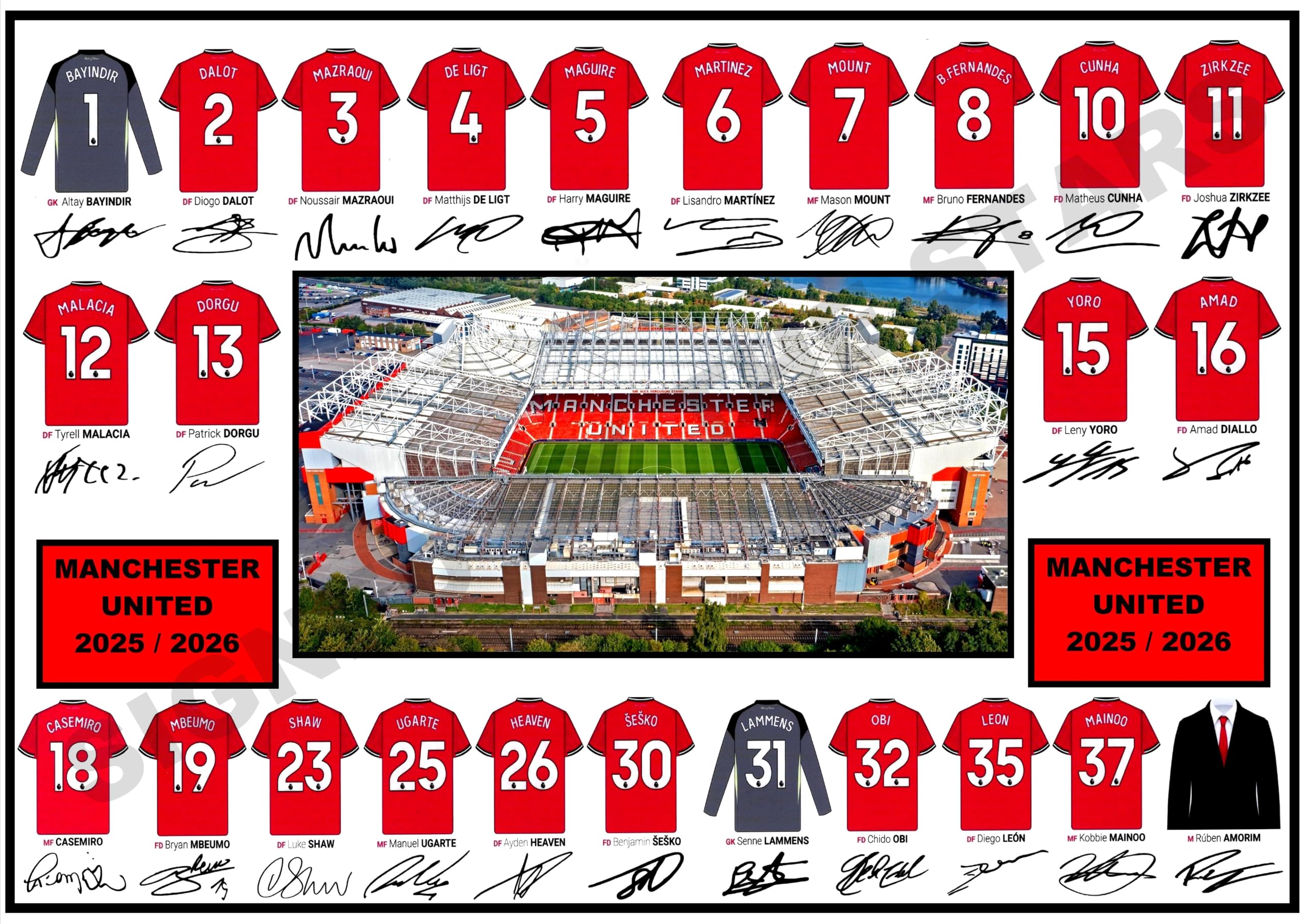 Manchester United 2025/2026 Signed/Autographed Print. A4 Print Only.