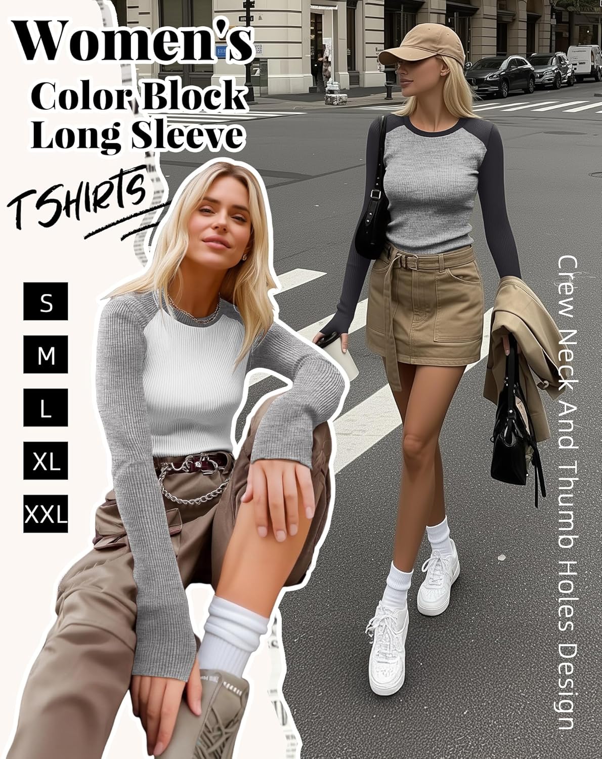 3 Pack Women's Raglan Long Sleeve Shirts, Cotton Color Block Baseball Tee Ribbed Fitted Crew Neck Tops Thumb Holes - Image 4