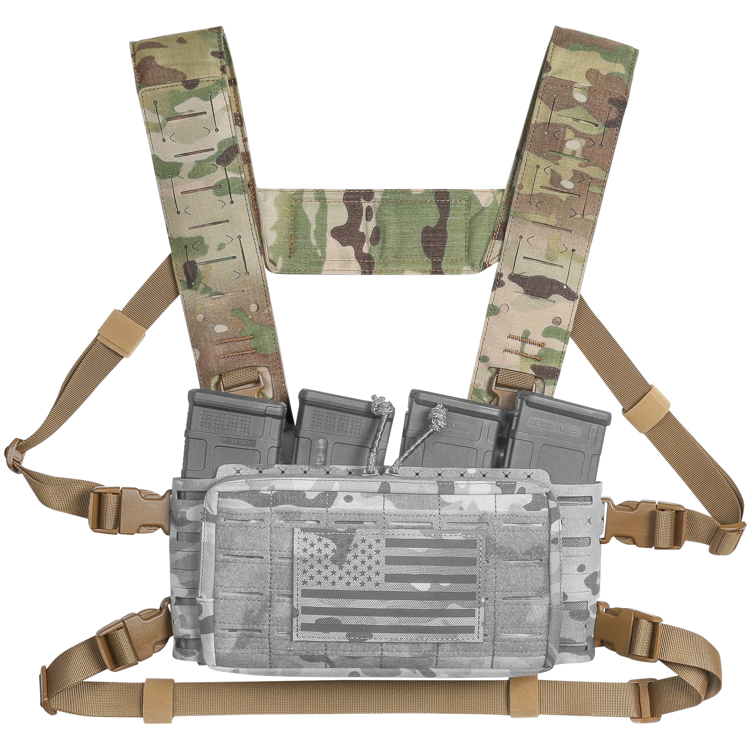 ACETAC Multi-Mission Laser-Cut Shoulder Strap Waist Strap H-Harness for Chest Rig Compatible w/Spiritus Systems Micro MK4/MK5 Haley Strategic D3CR Placard (Multicam)