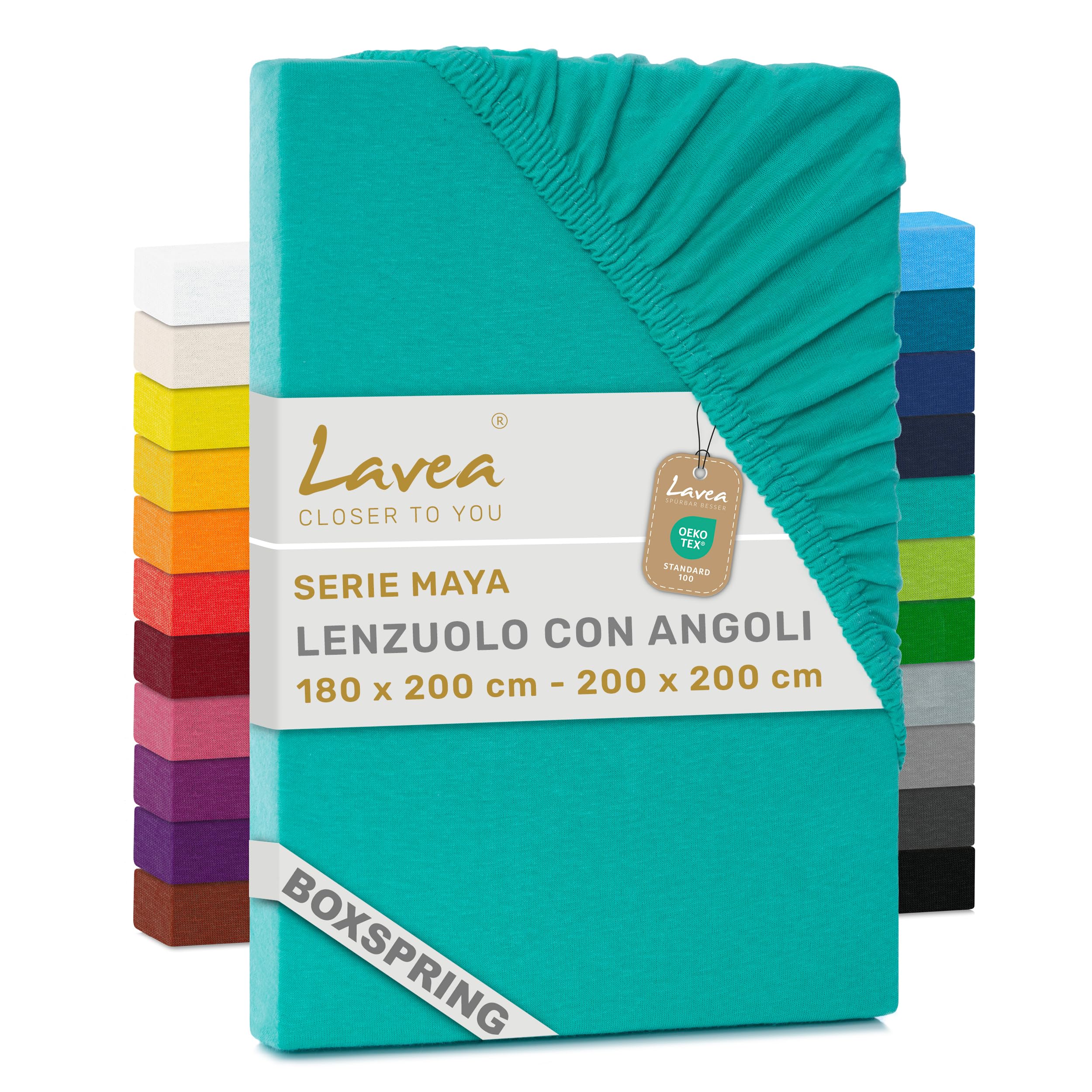 Lavea® Lenzuolo con Angoli Matrimoniale 180x200 cm – per Materassi Alti fino a 35 cm, per Letti Boxspring e ad Acqua – 100% Cotone – con Elastico – Alta Qualità – Turchese