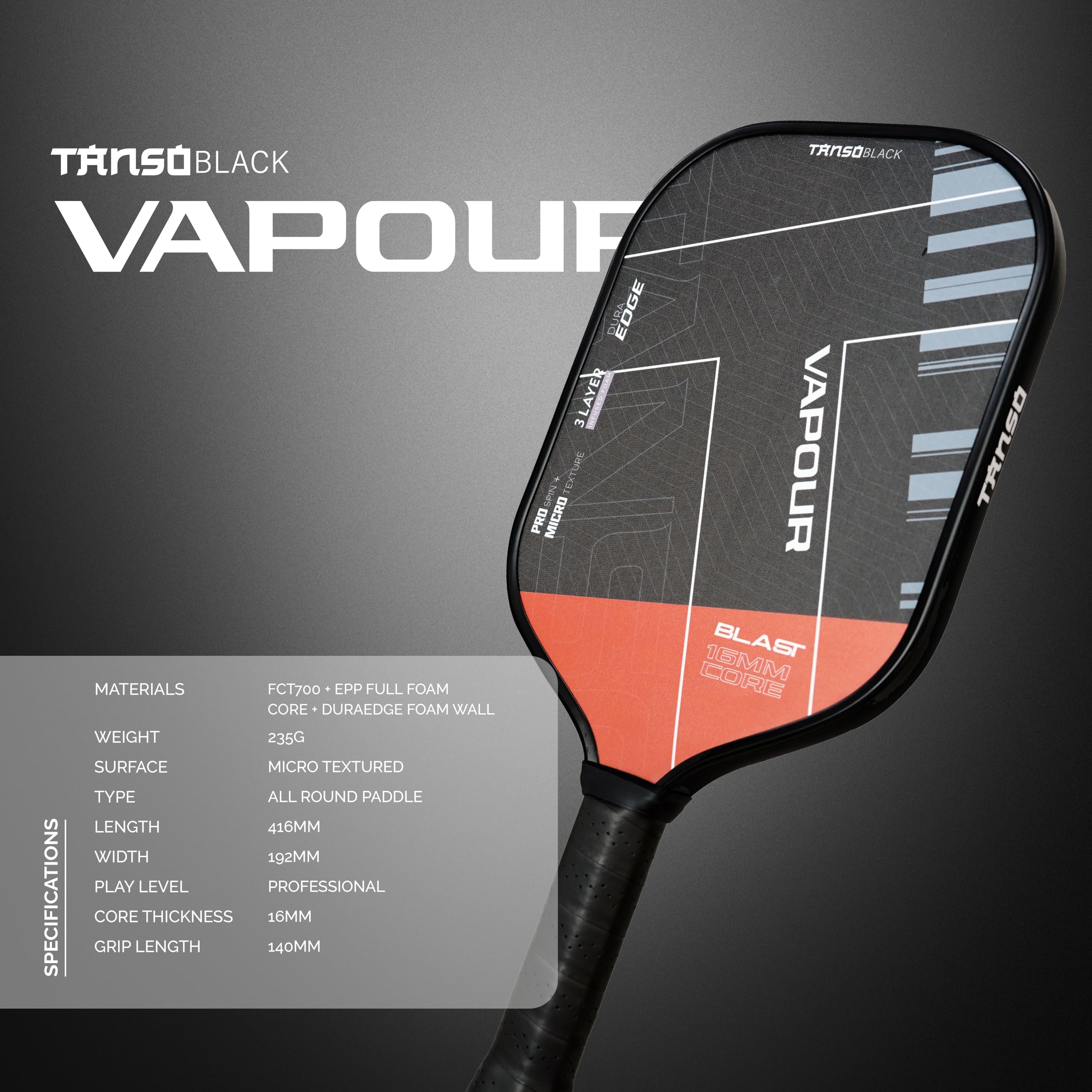 TANSO Black Vapour Gen IV Professional Pickleball Paddle | 3 Layer