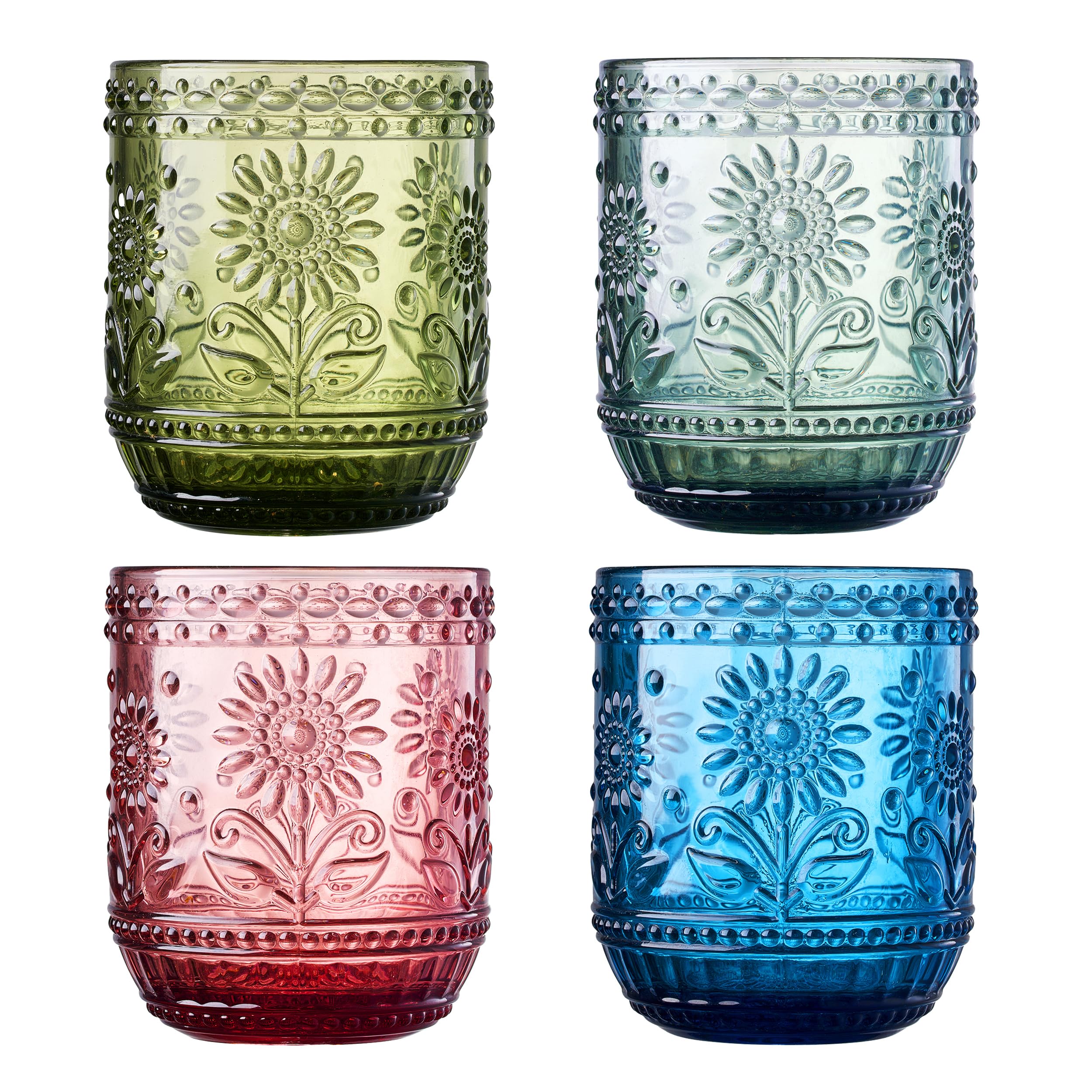 Amazon.com | Glass Vintage Embossed Floral Tumbler Drinking Glasses | Set  of 4 | 12 OZ Flower Textured Pattern, Pastel Colored Design, Water, Whisky,  Juice, Beverages, Cocktail, Thick & Heavy Drink Glassware