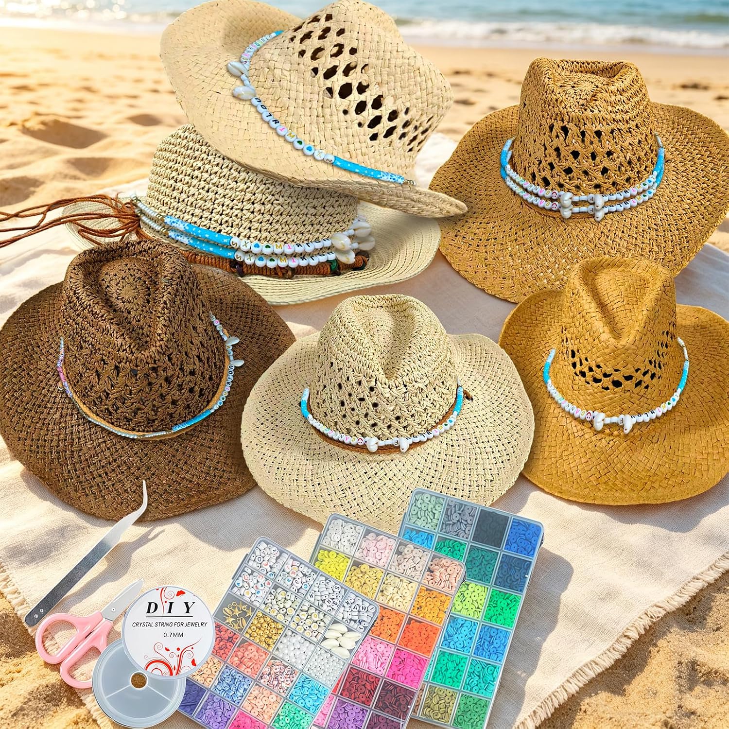 YLINKZORMA 6 Pcs Coastal Cowgirl Hat Craft DIY Set with Beaded Accessories