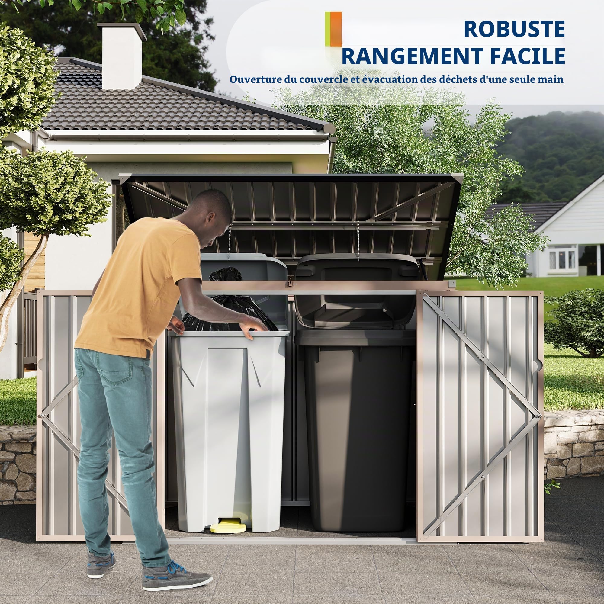 Coffre De Rangement Extérieur en Métal-2 Portes-Le Haut Peut s'ouvrir | Étanche Et Anti-Rouille, Couvercle à Chaîne Sécurisé, Idéal Pour Jardin, Terrasse Et Patio