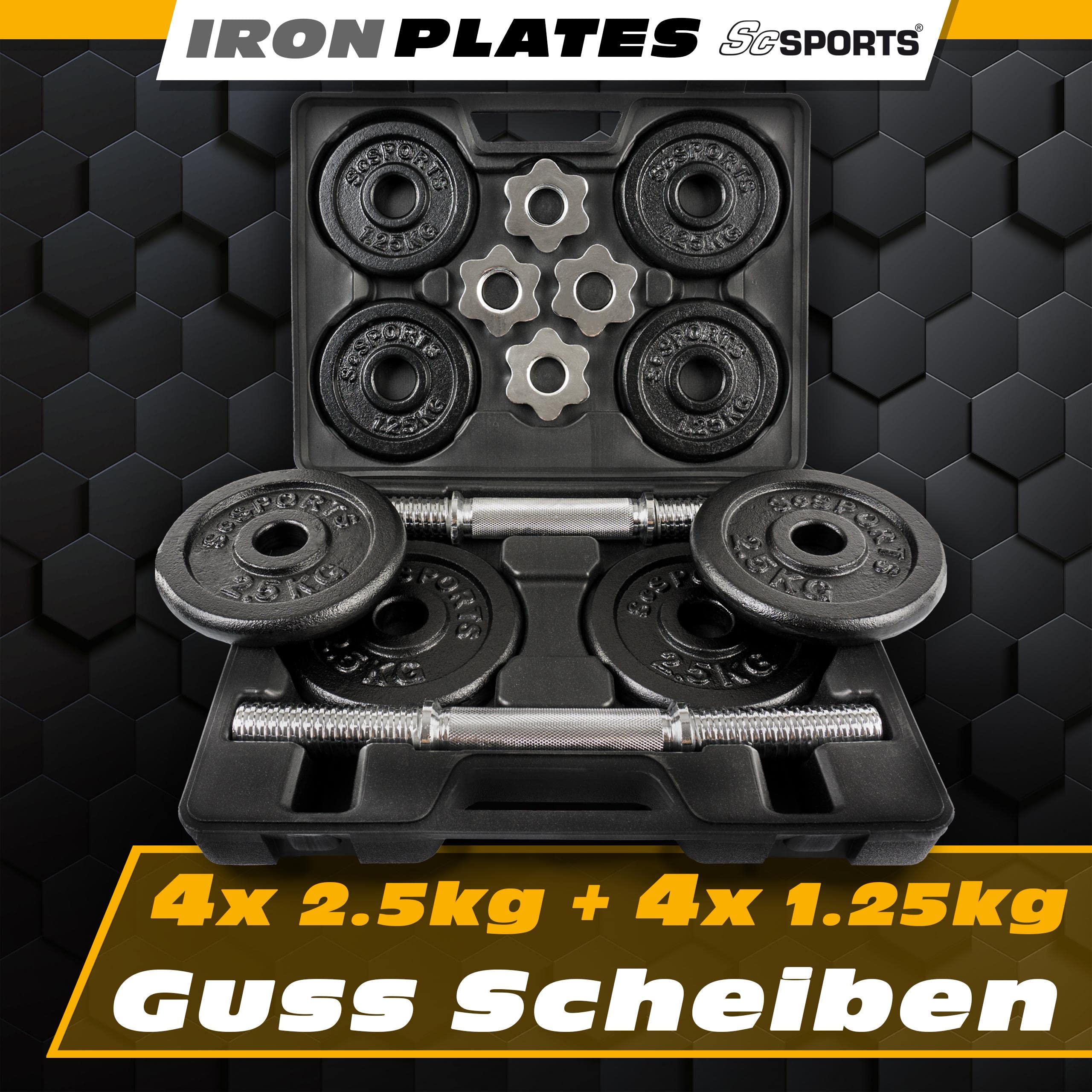 ScSPORTS® - Set di manubri Corti con Valigetta, 20 kg, 2 manubri da 30 mm e 8 Dischi (4 da 2,5 kg e 4 da 1,25 kg), manubri in Acciaio e Pesi in ghisa