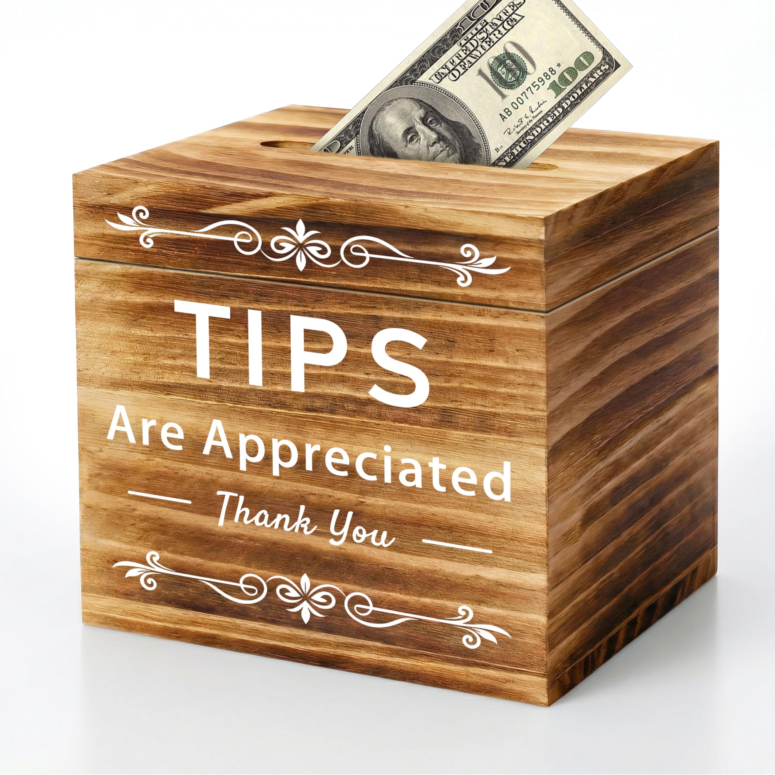 Wooden Tip Jar for Bartenders, Tip Box with Magnetic Lid for Restaurant, Donations, or Suggestions, Cash Collection Container for Bars, Restaurants, Cafés,4.7 x 6 x 5.5 in (Burnt Wood)