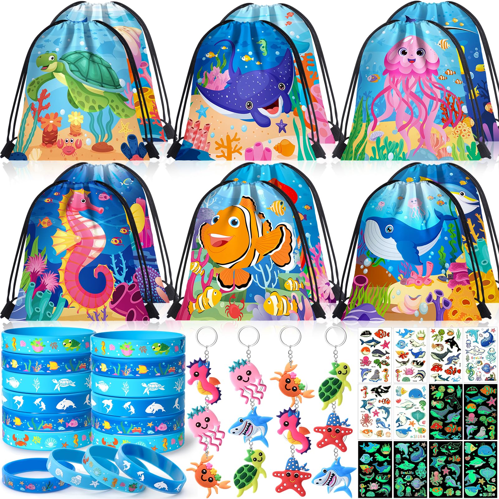 Winrayk 12 Sets Under the Sea Party Favors Ocean Birthday Supplies, Sea Animal Drawstring Bag Silicone Bracelet Glow Tattoo Sticker Keychain, Summer Kids Goodie Stuffers Ocean Themed Party Favors
