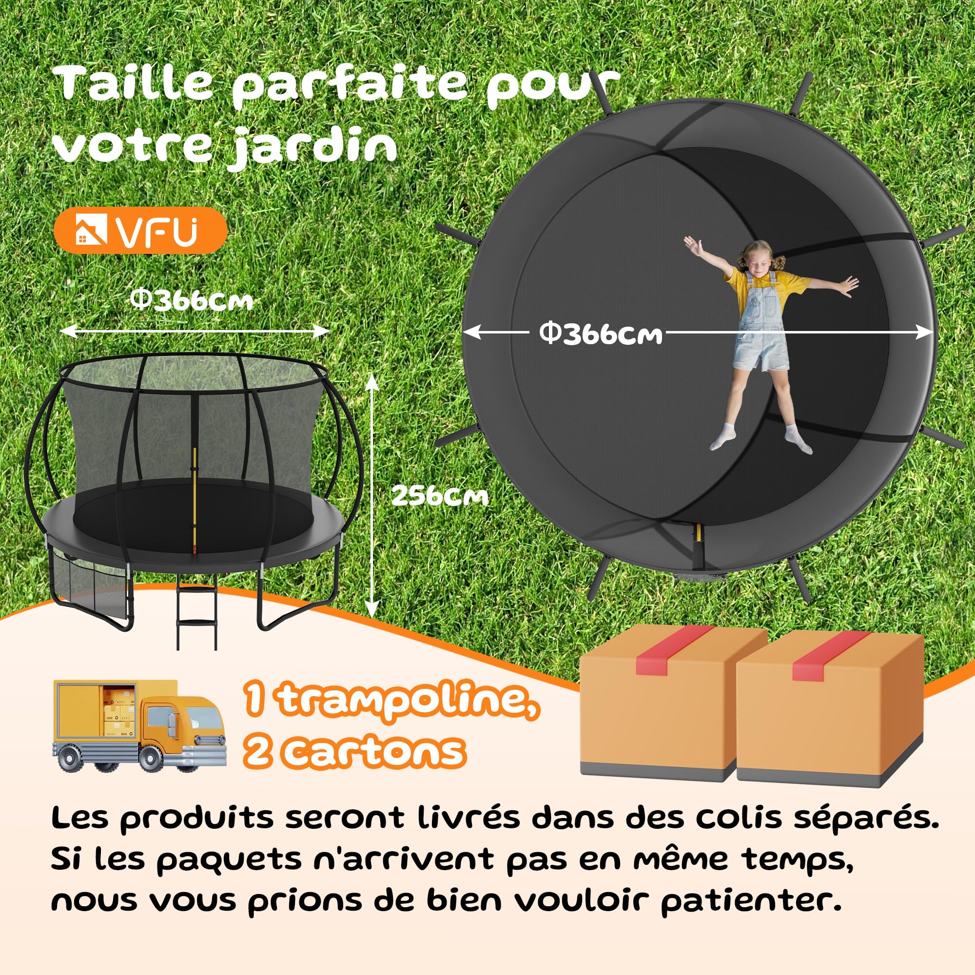 Trampoline Extérieur Ø 222/305/366/427 cm, Trampoline Extérieur Enfant, avec Filet de Sécurité, Couverture de Protection, Échelle