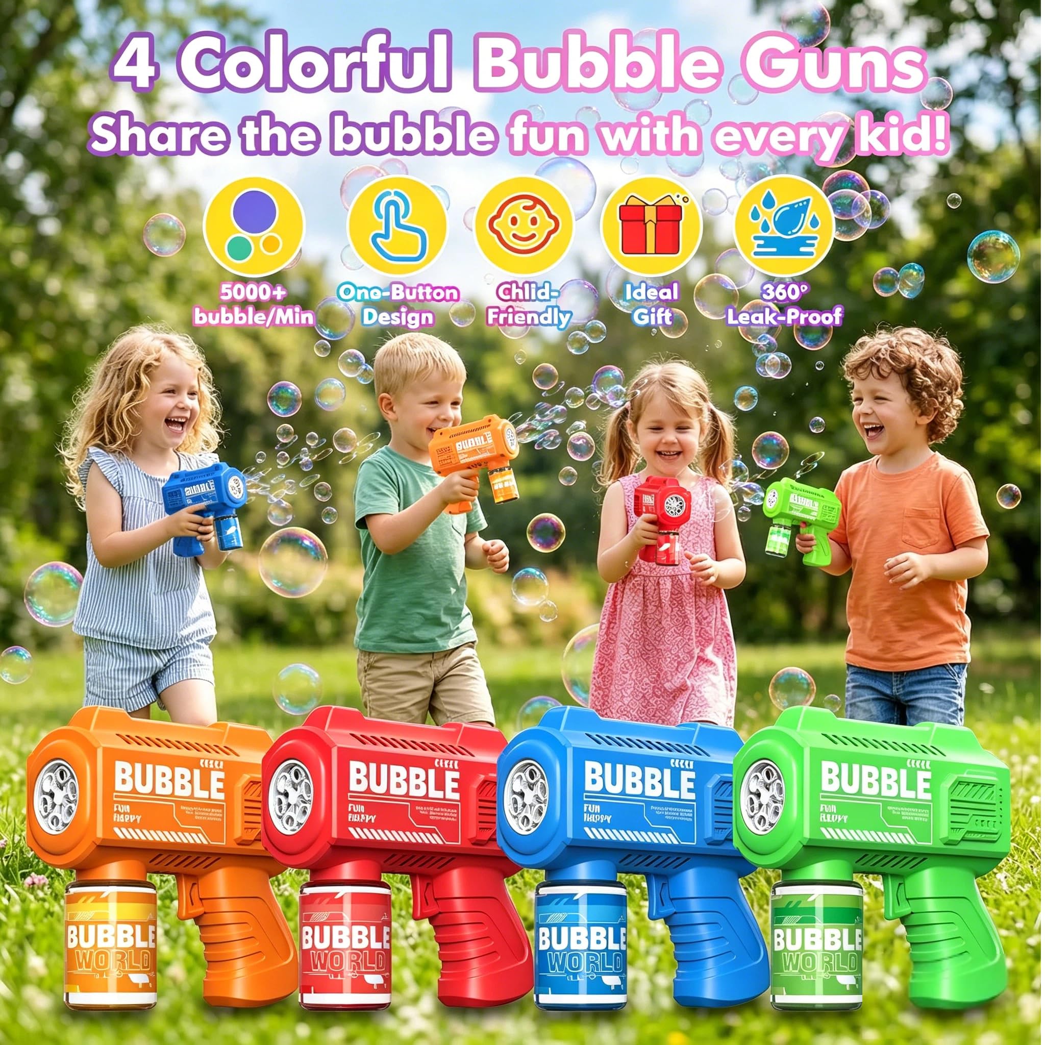 PANACARE Seifenblasenpistolen 4er Set, Bubble Gun 5000+ Blasen/Min LED Licht für Kinder Geburtstag Party