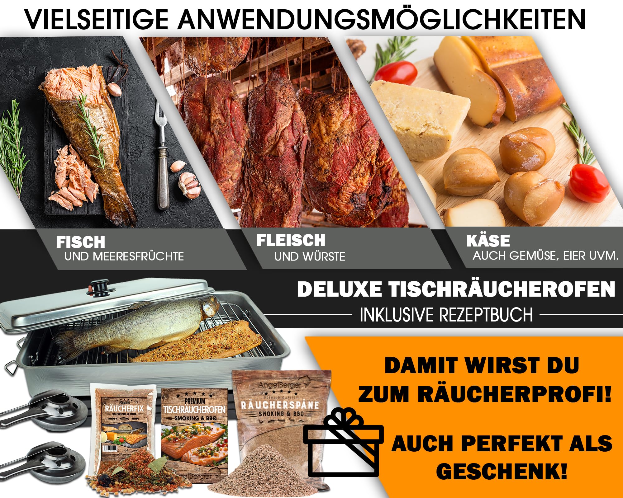 Angel-Berger Deluxe Tischraeucherofen mit Zubehoer Edelstahl Smoker Räucherofen mit Räuchermehl Räucherlauge Räucheranleitung Räucherset