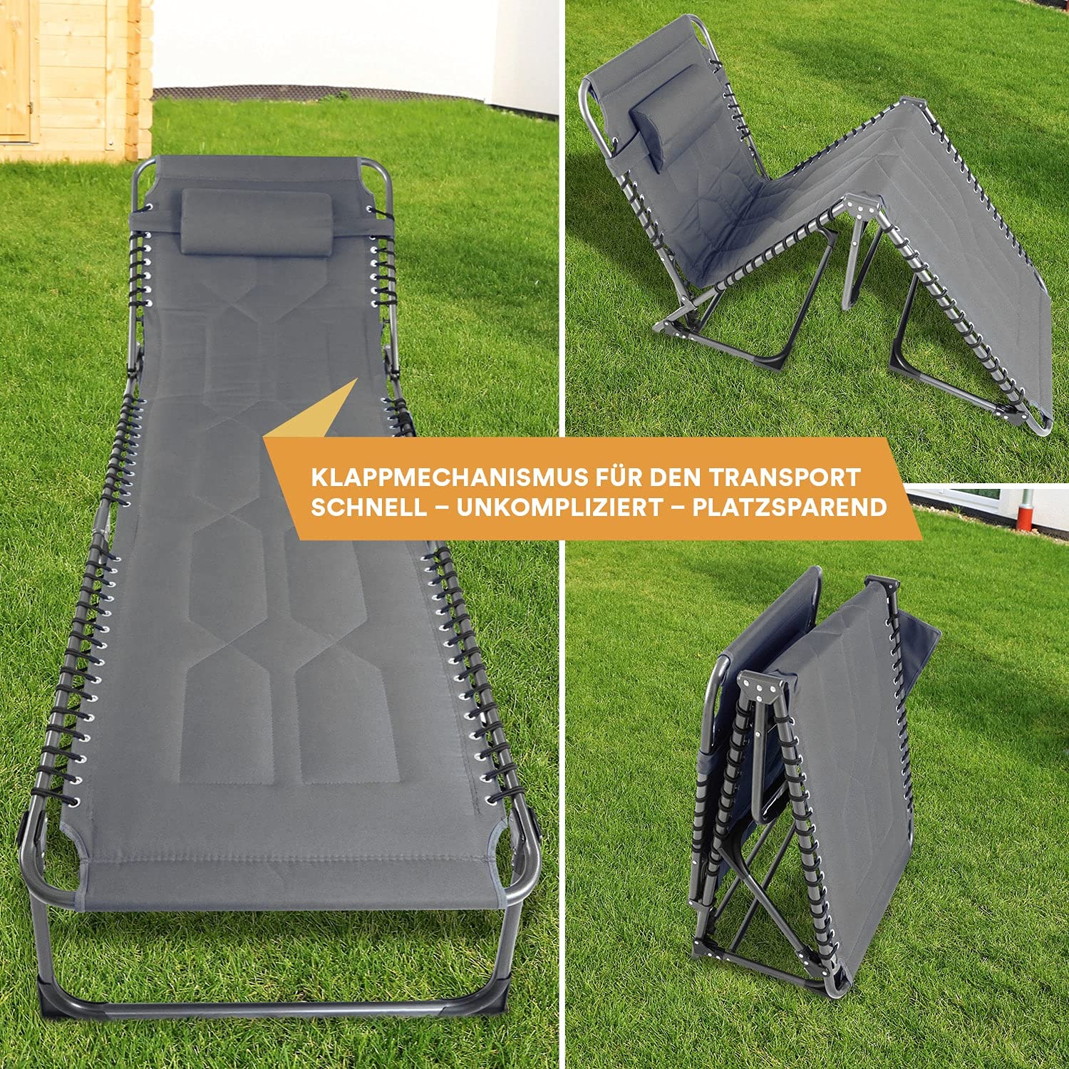 Skandika Sonnenliege Torget | Klappbare Campingliege, gepolstert, 5-Fach verstellbares Kopfteil, Seitentasche, bis 150 kg, wasserabweisend, Stahl-Gestell | Faltbare Liege für Camping, Garten