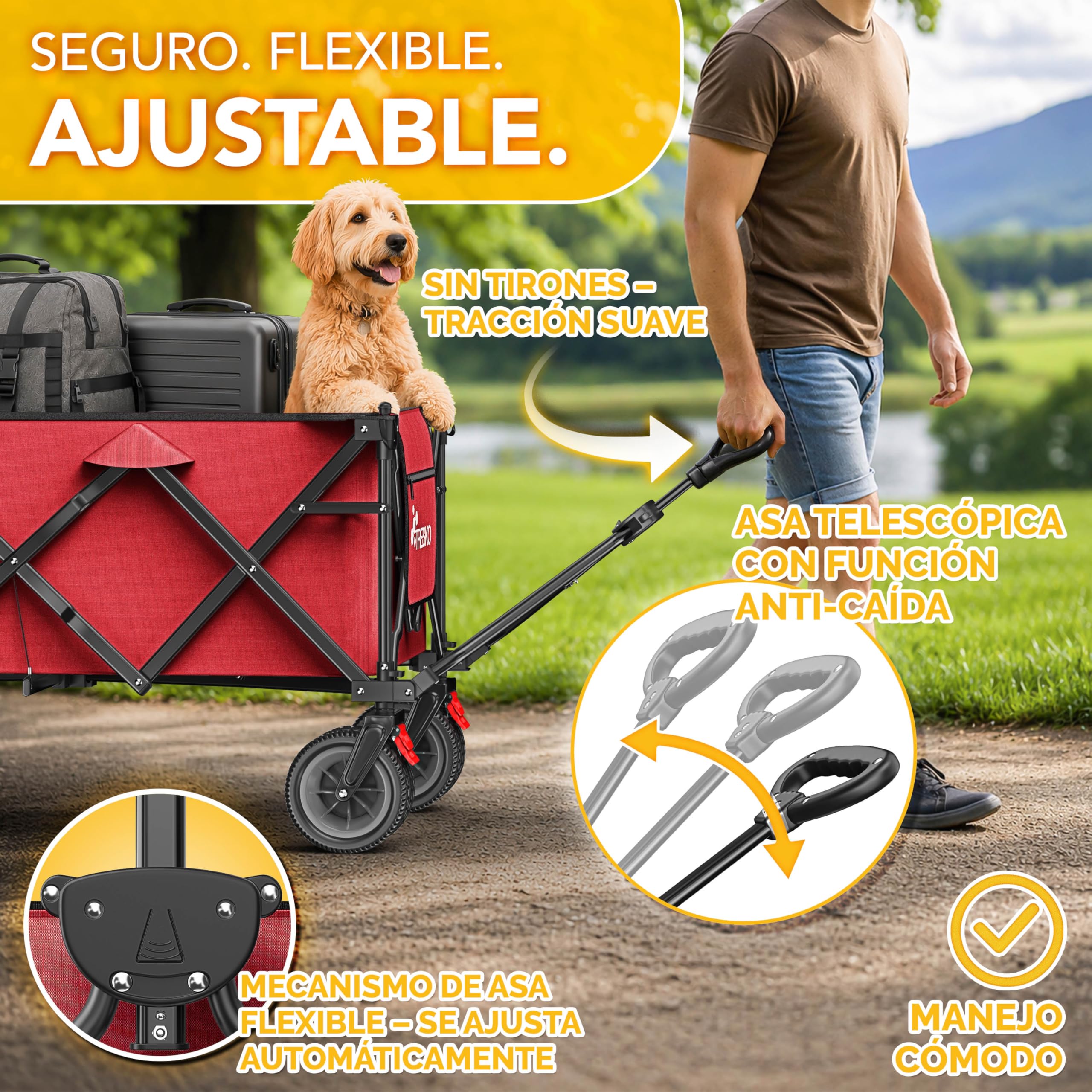 TRESKO® Carro plegable de 300 l con freno, carro de mano plegable, 150 kg, incluye neumáticos de goma maciza, carrito de playa plegable, ruedas extra anchas, con bolsa de transporte, color rojo