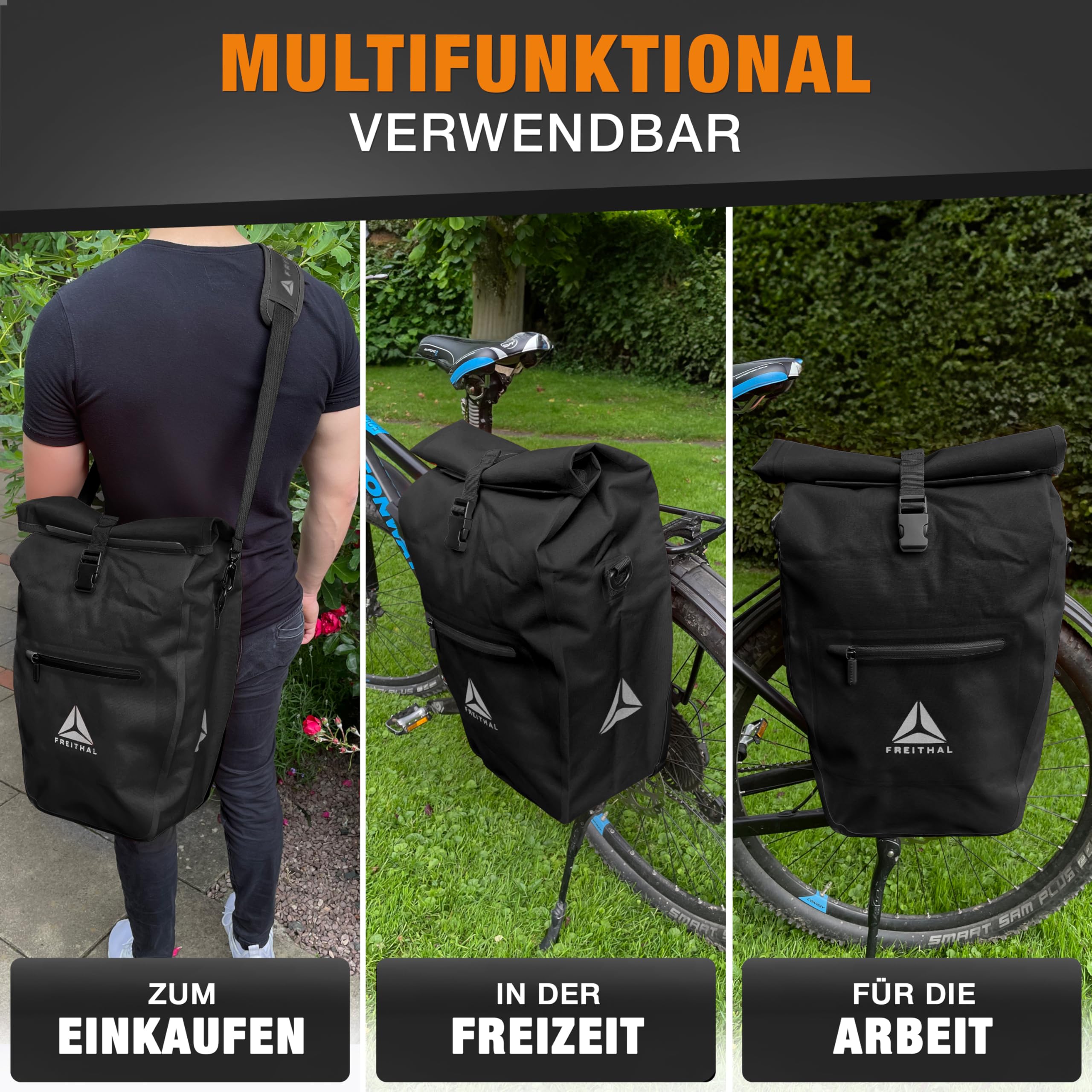 FREITHAL - Fahrradtasche fr Gepcktrger [27L] - 100% wasserdicht & mit  Reflektoren - Gepcktrgertasche & Umhngetasche - Bike Bag - Schwarz :  Amazon.de: Sport & Freizeit