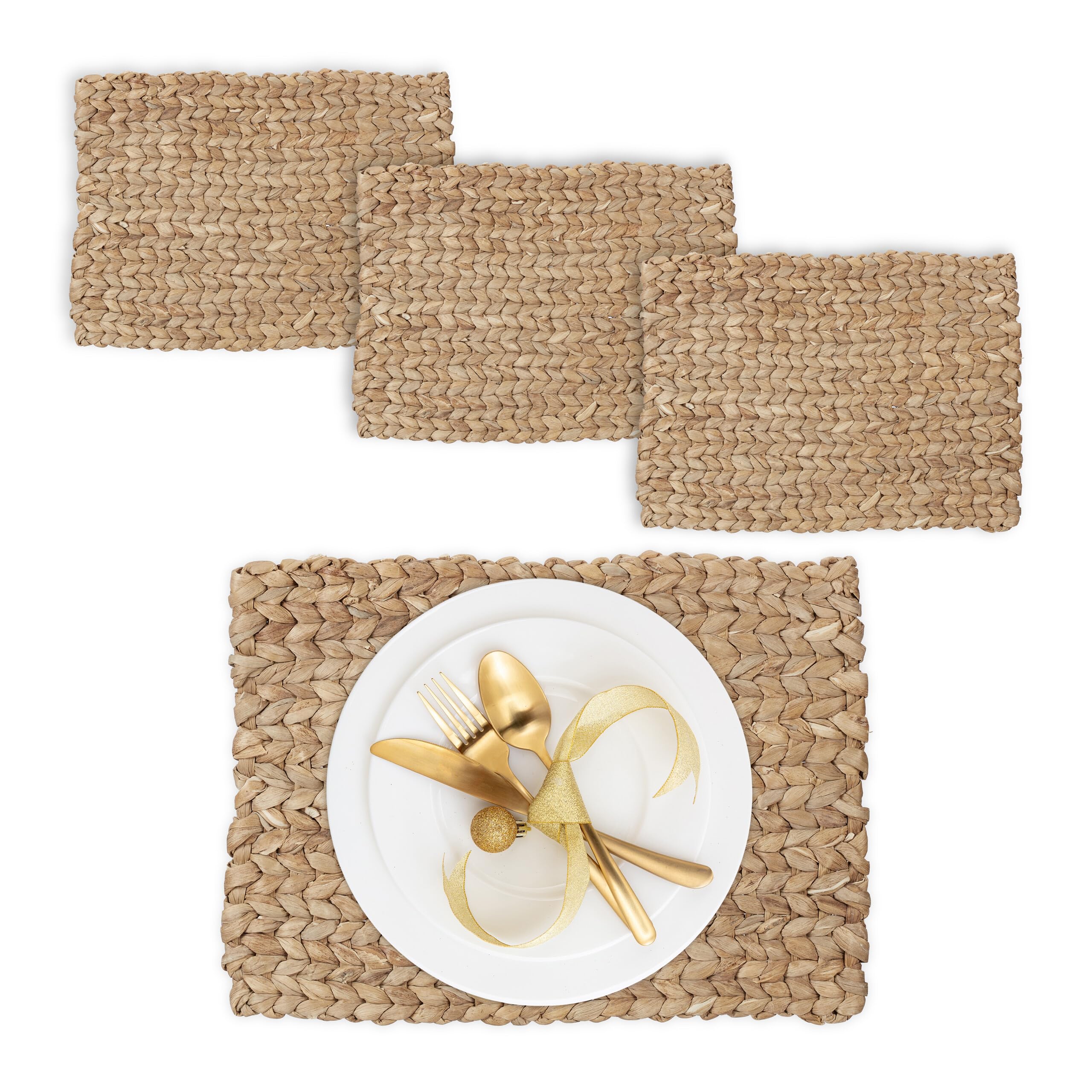 Relaxdays Set 4 Tovagliette Sottopiatto in Giacinto Acquatico, HLP: 1,​5x42x30 cm, Placemat Americane in Paglia, Naturale