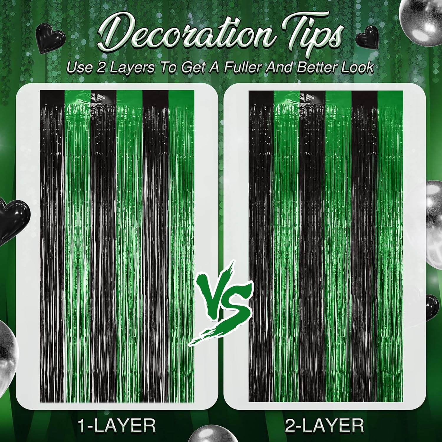 2 Pack Green & Black Fringe Backdrop, 3.2x8.2ft Shining Foil Tinsel Curtains, Birthday Party Decorations Door Streamers for Halloween, Christmas, Wedding, Graduation, Holiday, Theme Events - Image 7