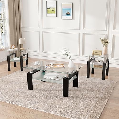 Juego de 3 mesas de sala de estar, juego de 3 mesas de centro de cristal, juego de mesa auxiliar con patas de vidrio templado y metal para mesa de