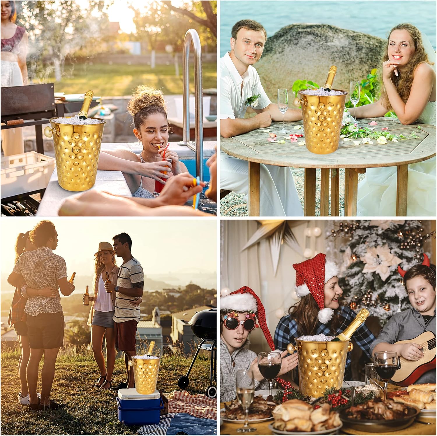 BARsics 5-Quart Metal Golden Champagne Bucket, Hammered Mirror Finish Stainless Steel Ice Bucket for Party, Wedding, Banquet (Gold)