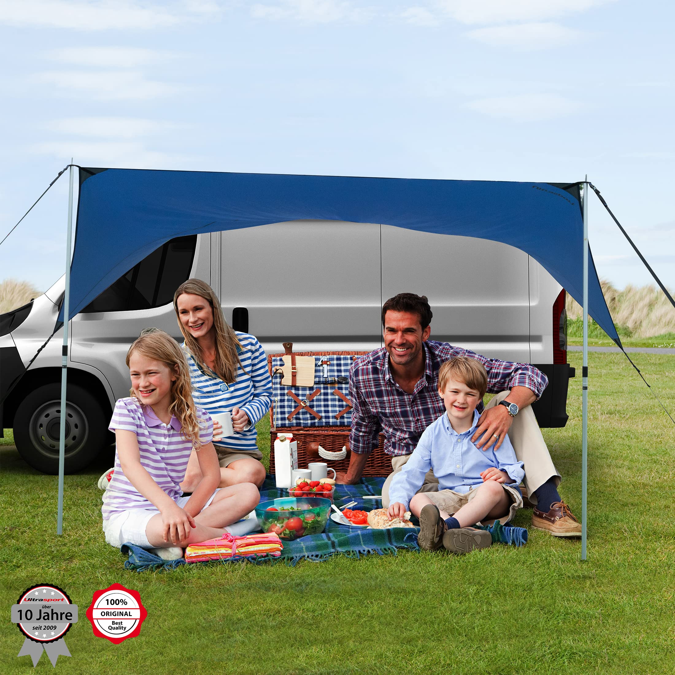 Ultrasport Auto-Vordach-Markise, geeignet für PKW, Vans und Campingbusse, Schützt vor Sonne und Regen, Langlebiges und Robustes Material, Integrierte Saugnäpfe sowie Heringe, Stangen und Bänder, Blau