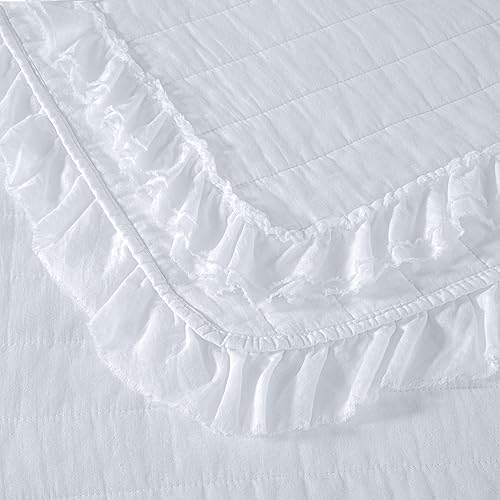 Miniatura 6 de Chezmoi Collection Bonnie - Juego de edredón de 2 piezas, 100 % algodón, tamaño individual, color blanco, doble borde deshilachado con volantes,