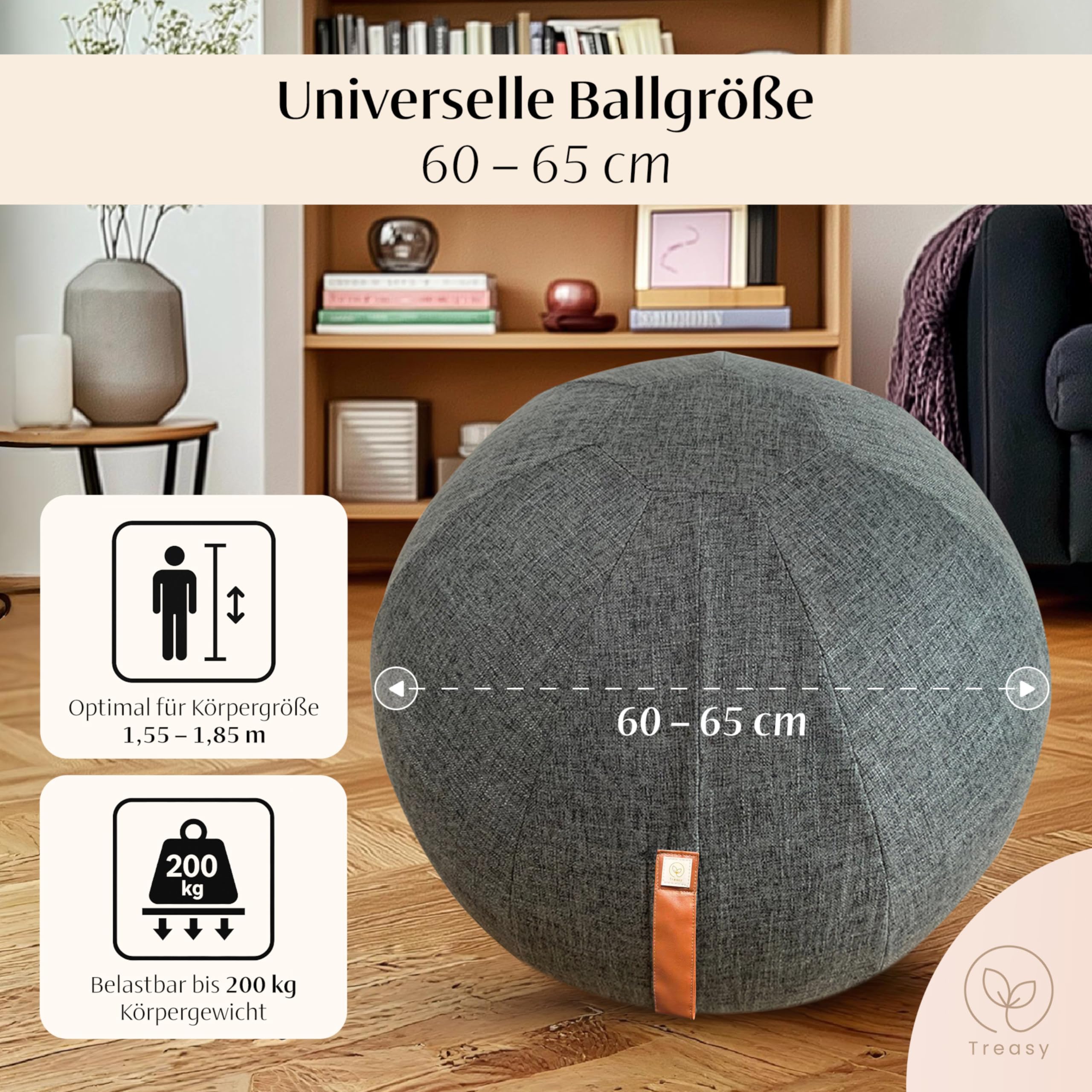 Treasy Zitbal met overtrek 60-65 cm, ergonomische gymnastiekbal met handvat, stoffen fitnessbal, thuiskantoor en kantoor, incl. pomp en bal, rugvriendelijk zitten, yogabal met afneembare, wasbare