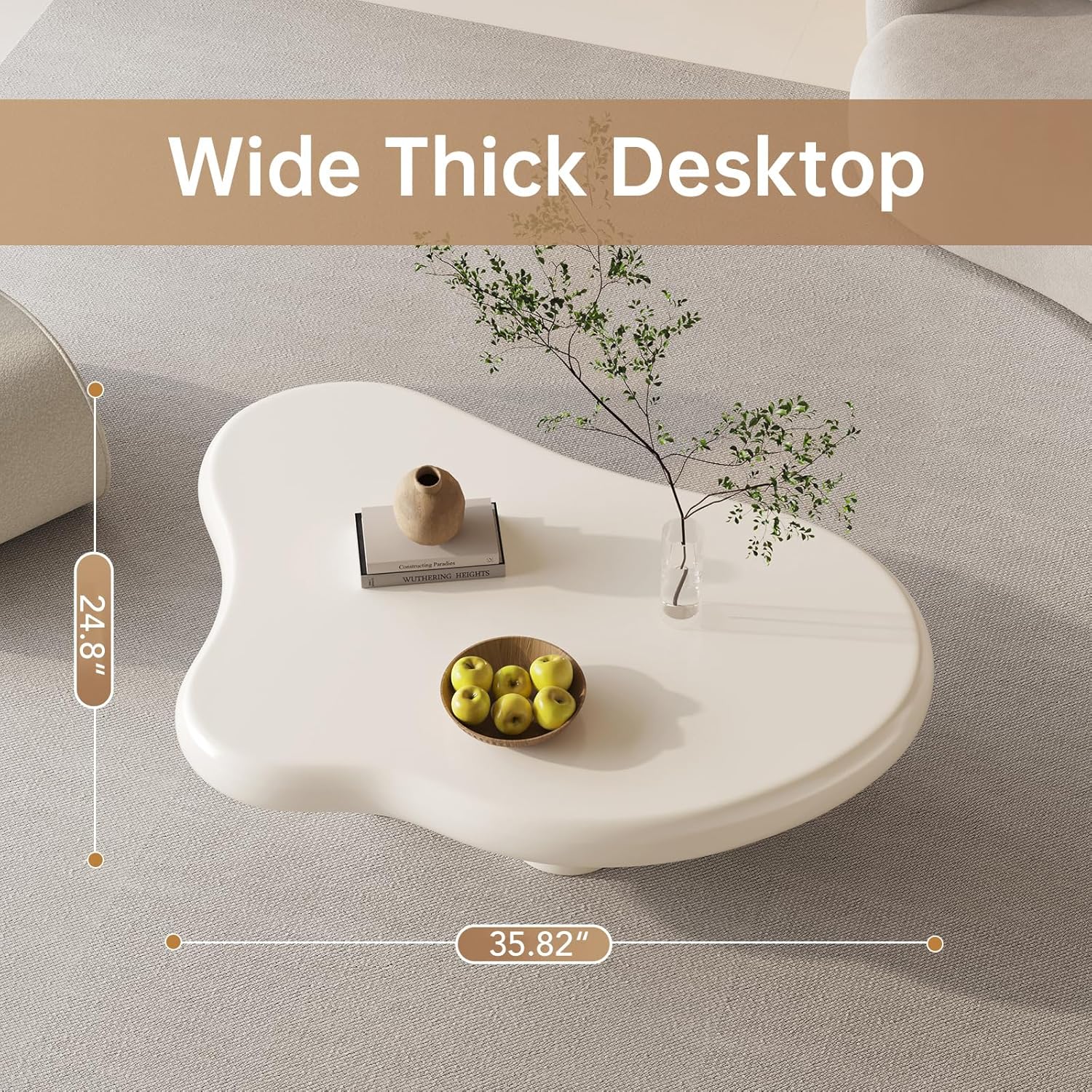 35.43" Cloud Coffee Table, Cute Cream White Irregular Tea Table, Modern Low Center Table with 4 Legs for Small Spaces, Living Room, Bedroom, Simple End Table