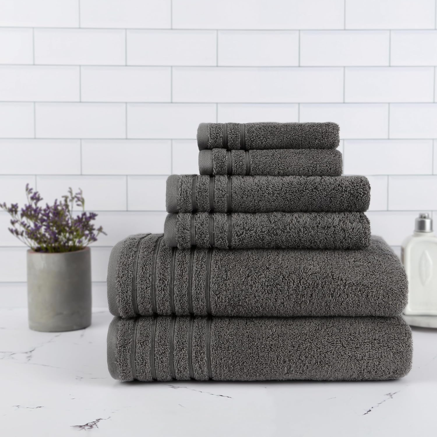 BW Luxe Home - 100% Soft Turkish Cotton 6 Piece Gray Towel Set (2 Bath, 2 Hand, 2 Wash). 600 GSM, Combed Natural Yarn for Fast Drying & Excellent Absorption. Hotel & Spa Luxury Quality.