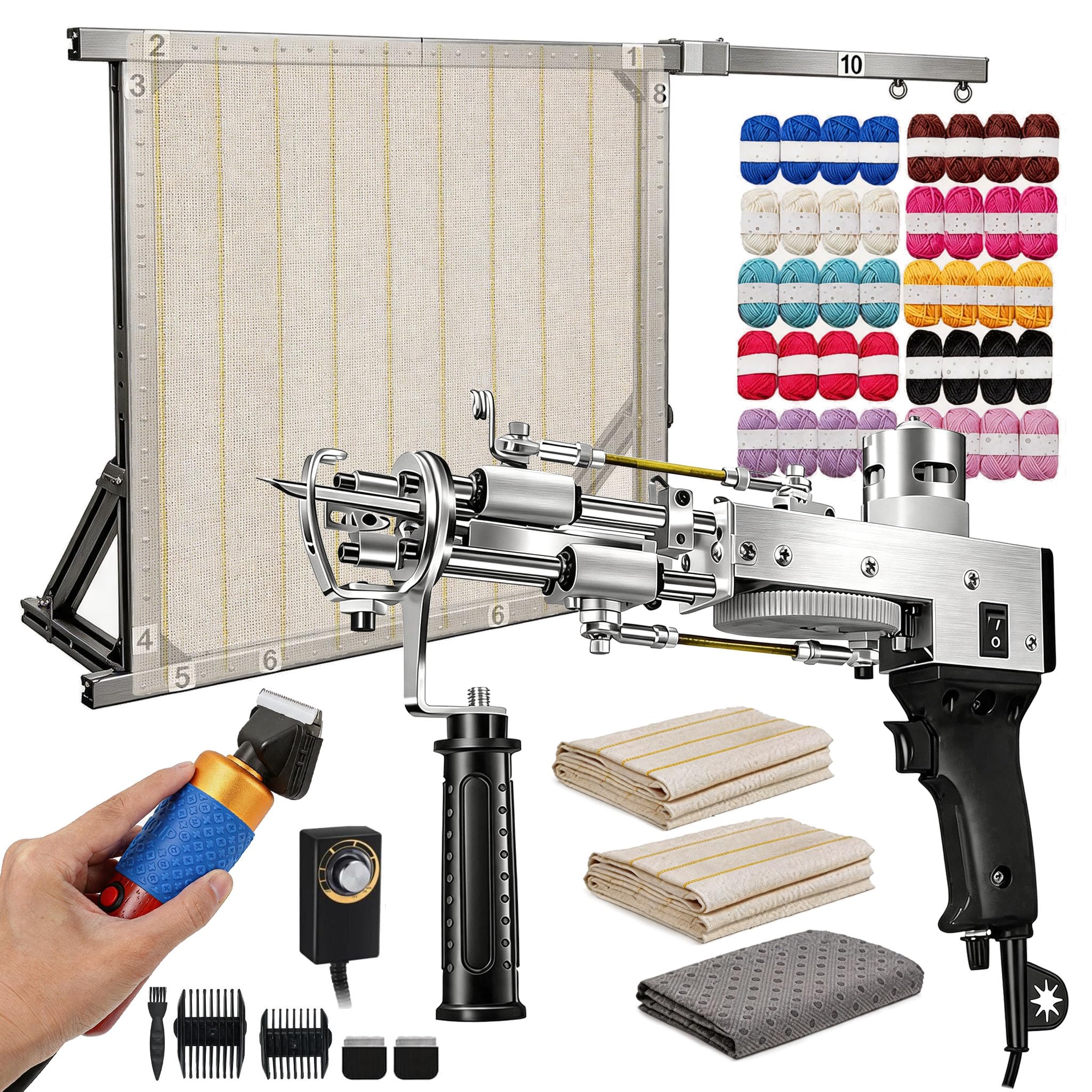 Tufting Gun Set mit Aluminium Legierungsrahmen 27,5x27,5 Zoll und Teppichschneider für Schnittflor und Schlingenflor 40 Rollen Garn
