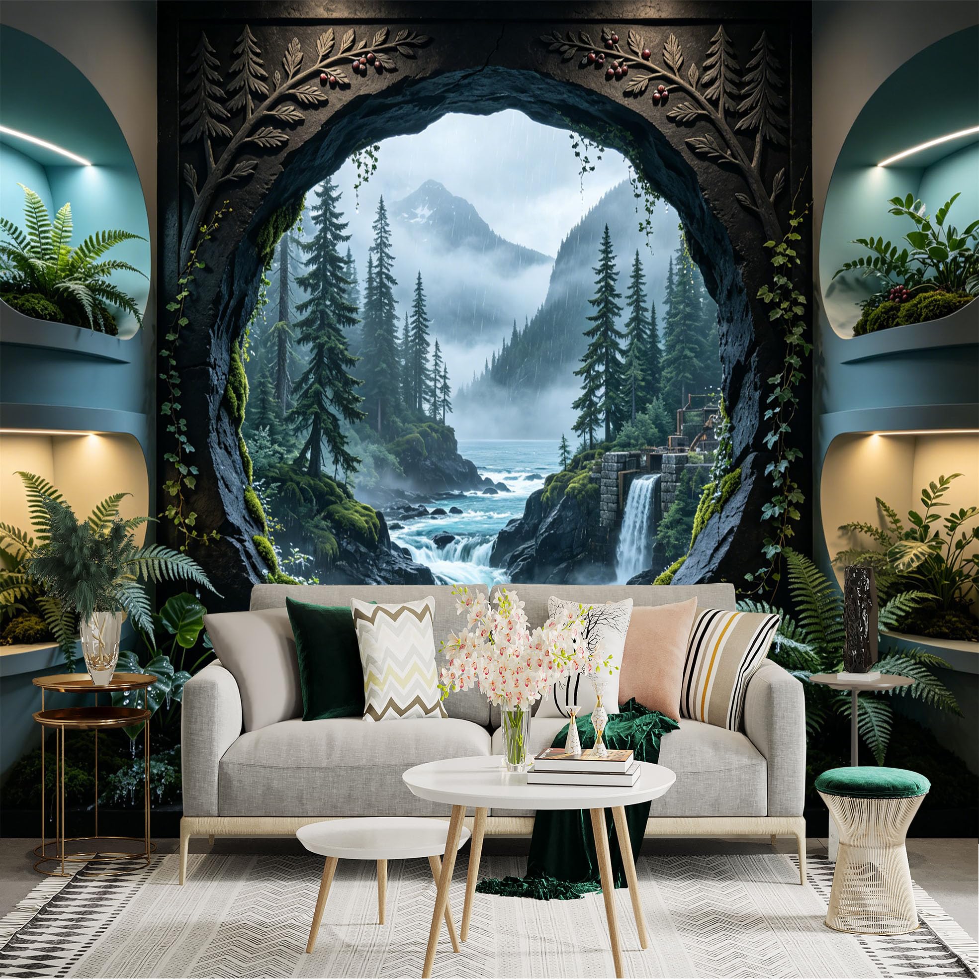 Custom Size Wall Sticker Mural， Forest Waterfall with Misty Mountains and Tropical Green Plants， for wall Decoration， peelandstick wall Decals.