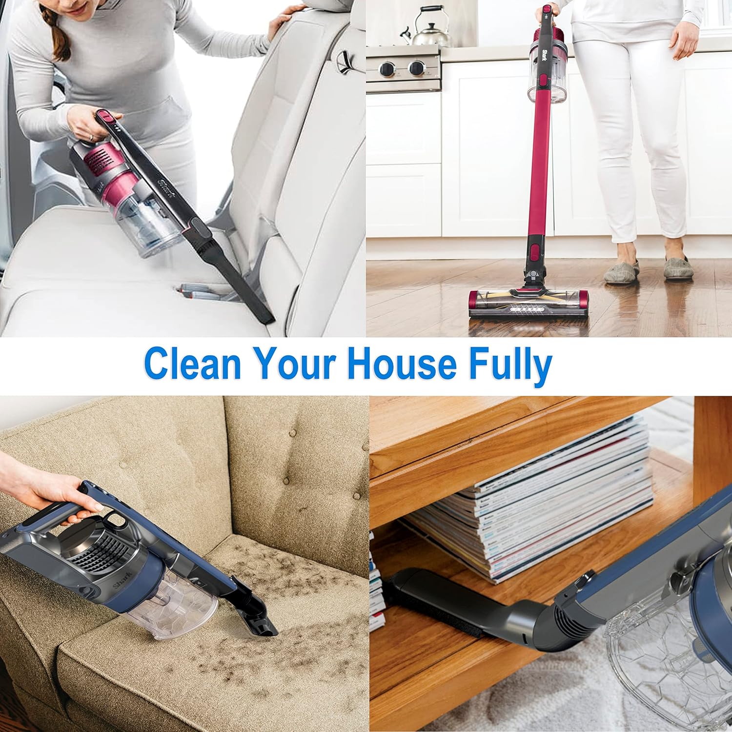 Shark vacuum cleaner in various cleaning scenarios