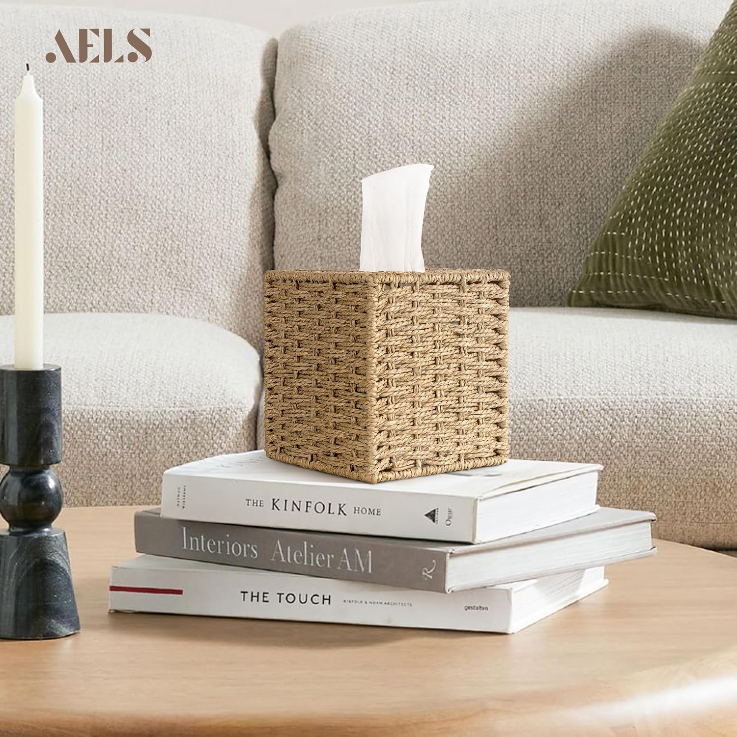 AELS Farmhouse Tissue Box Cover Square, Hand Woven Strawpaper Facial Tissue Paper Holder, Cute Tissue Box Holder Square, Boho Bathroom Decor Box for Tissues Cube Box w/Elastic Bottom, Natural