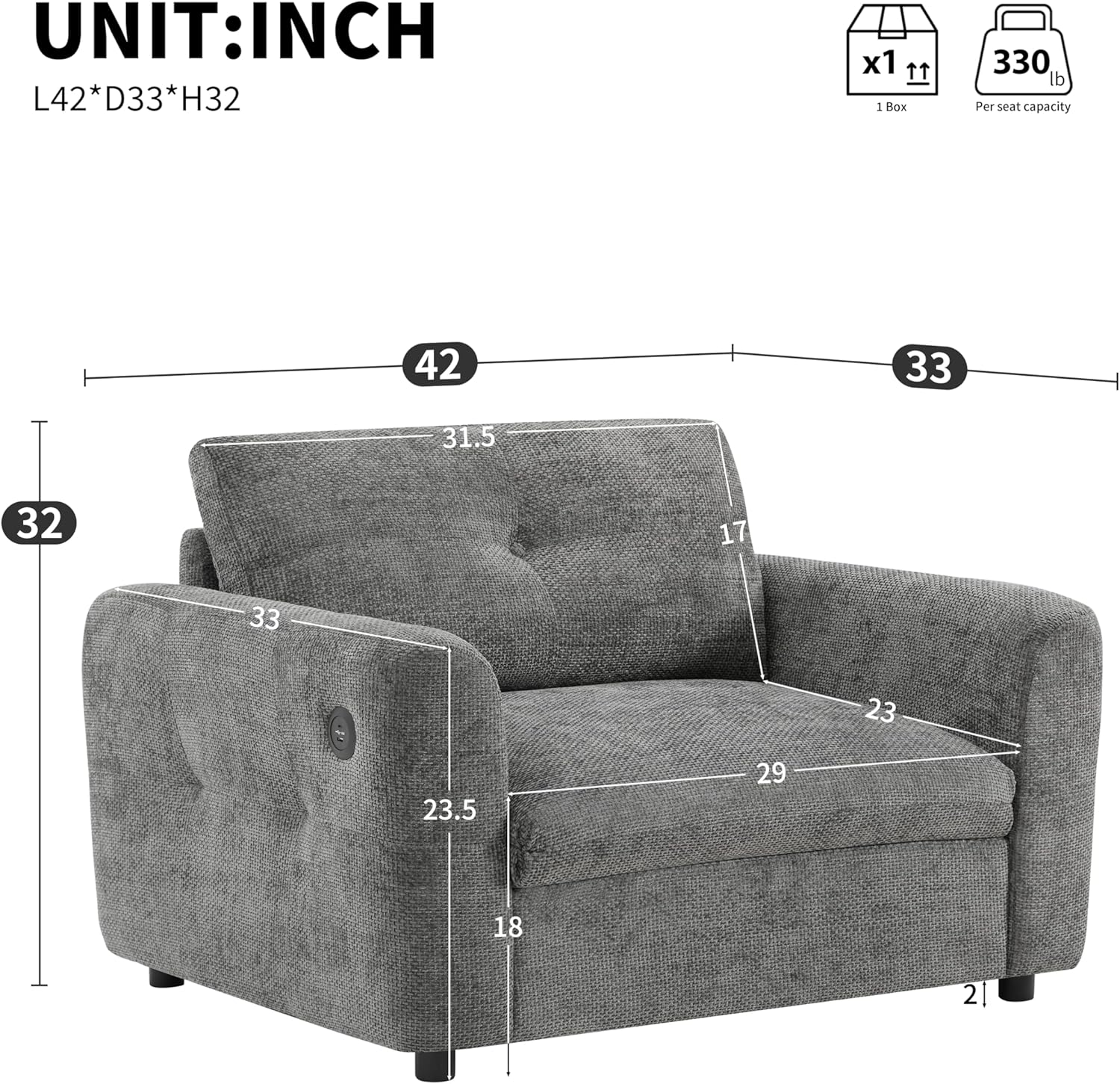 Chenille Oversized Armchair, Upholstered Accent Chair with Charging Port, 42" Wide Comfy Reading Chair, Single Sofa with Wide Seat for Apartment, Bedroom, Office, Living Room (Gray)