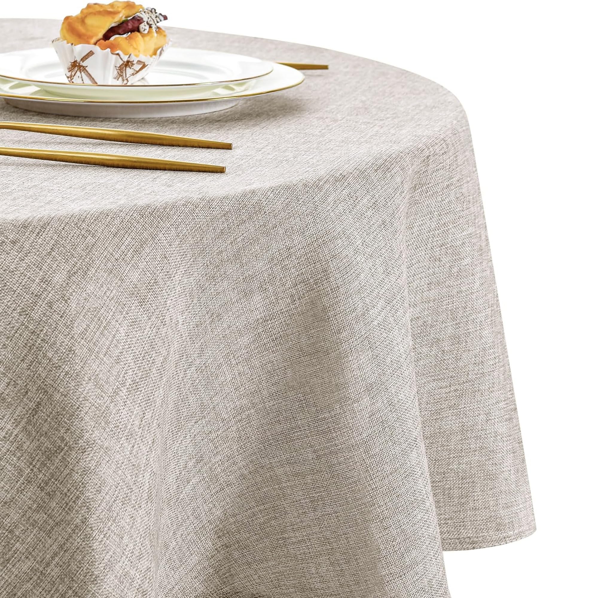 DWCN Linen Stone Faux Linen Round Tablecloth 180cm Water Resistant Table Cloth Wipe Clean Stain-Resistant Polyester Table Cover for Dining Room, Garden, Cafe, Party