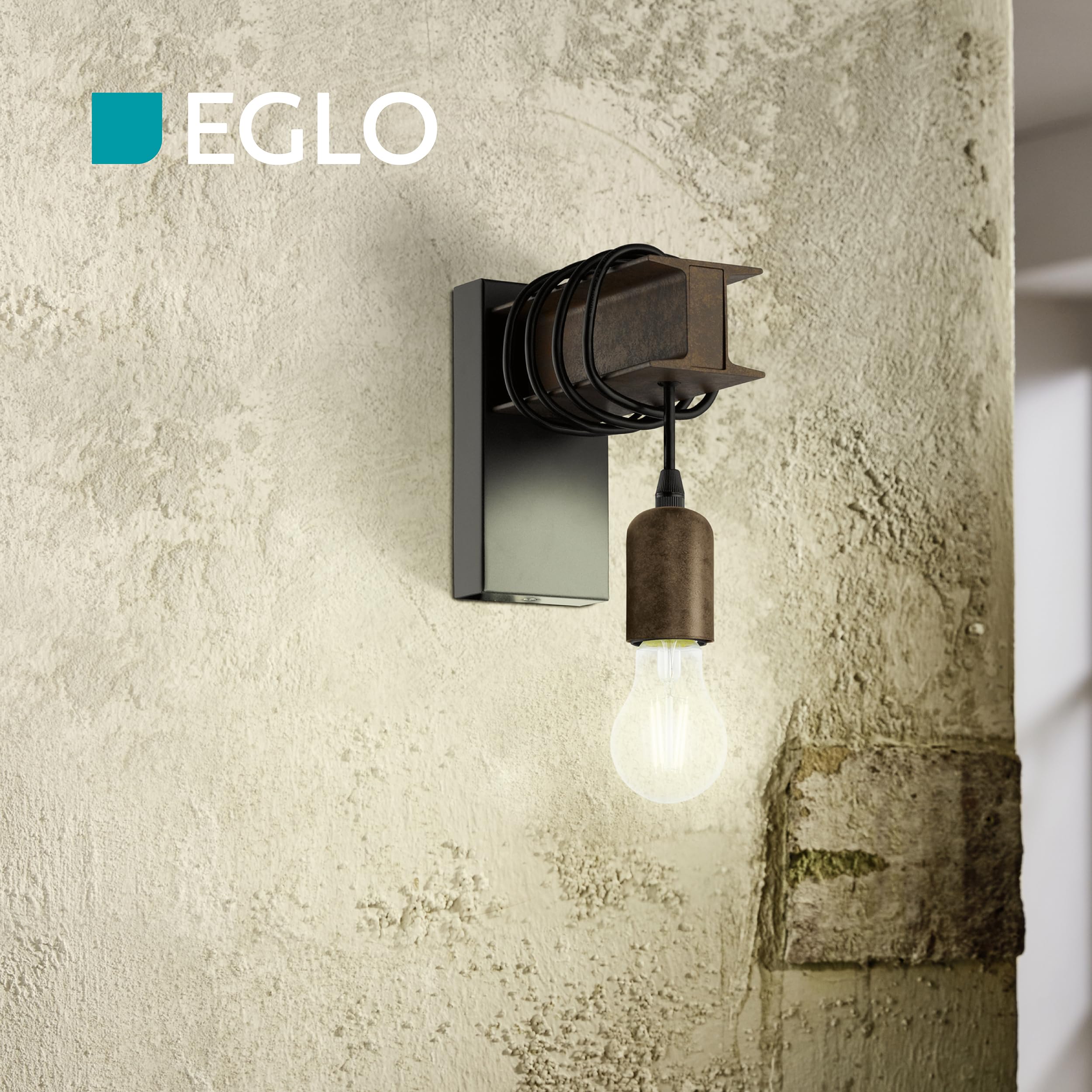 Eglo Lampada da parete Townshend 4, plafoniera vintage a uno punto luce, lampada da parete dal design industriale, lampada retrò in acciaio, nero, marrone, E27