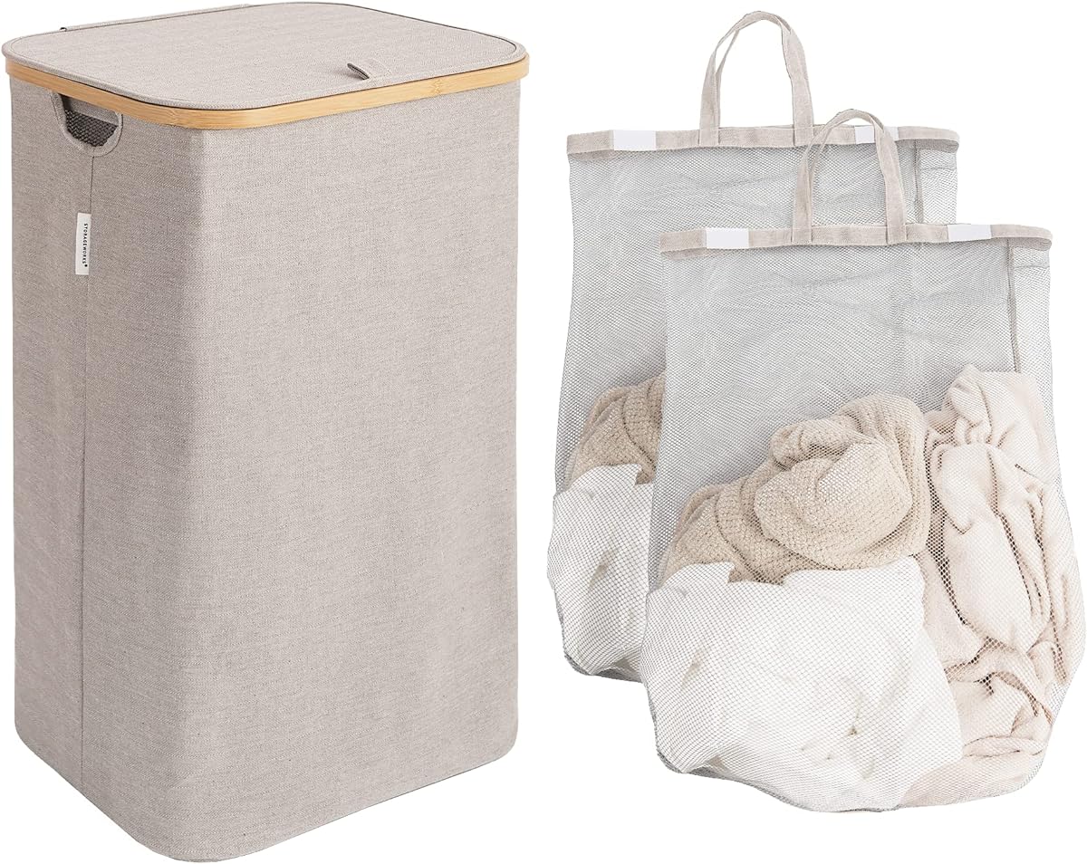 StorageWorks 100L Large Laundry Hamper with Lid, Tall Clothes Basket with Bamboo Handles and 2 Removable Inner Bag, Collapsible Hampers for Clothing, Toys, Towels, Brown and Beige, 1-Pack