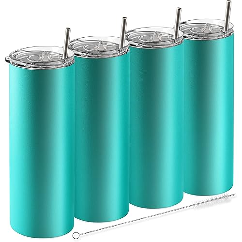 SKINNY TUMBLERS (4 pack) - 20oz Stainless Steel Double Wall Insulated Tumblers with Lids and Straws | Skinny Travel Mug, Straw Cleaner INCLUDED | Blanks For Vinyl Projects - Teal