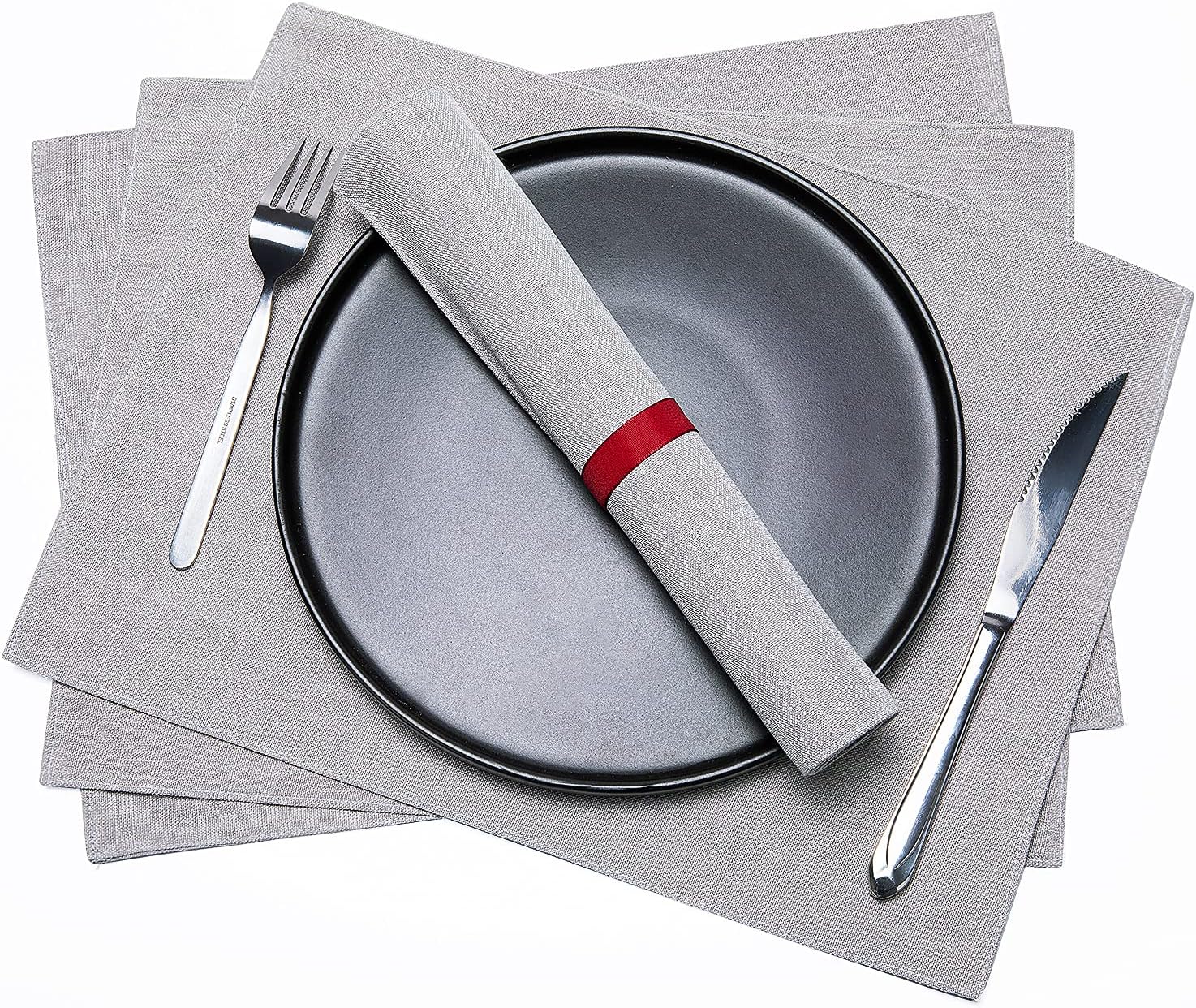 Dubulle Grey Table Runner and Placemats Set of 6 for Kitchen Dining Table Farmhouse Style Thick Cotton Linen Double Layer Heat Resistant Washable Table Runner Place Mats Set