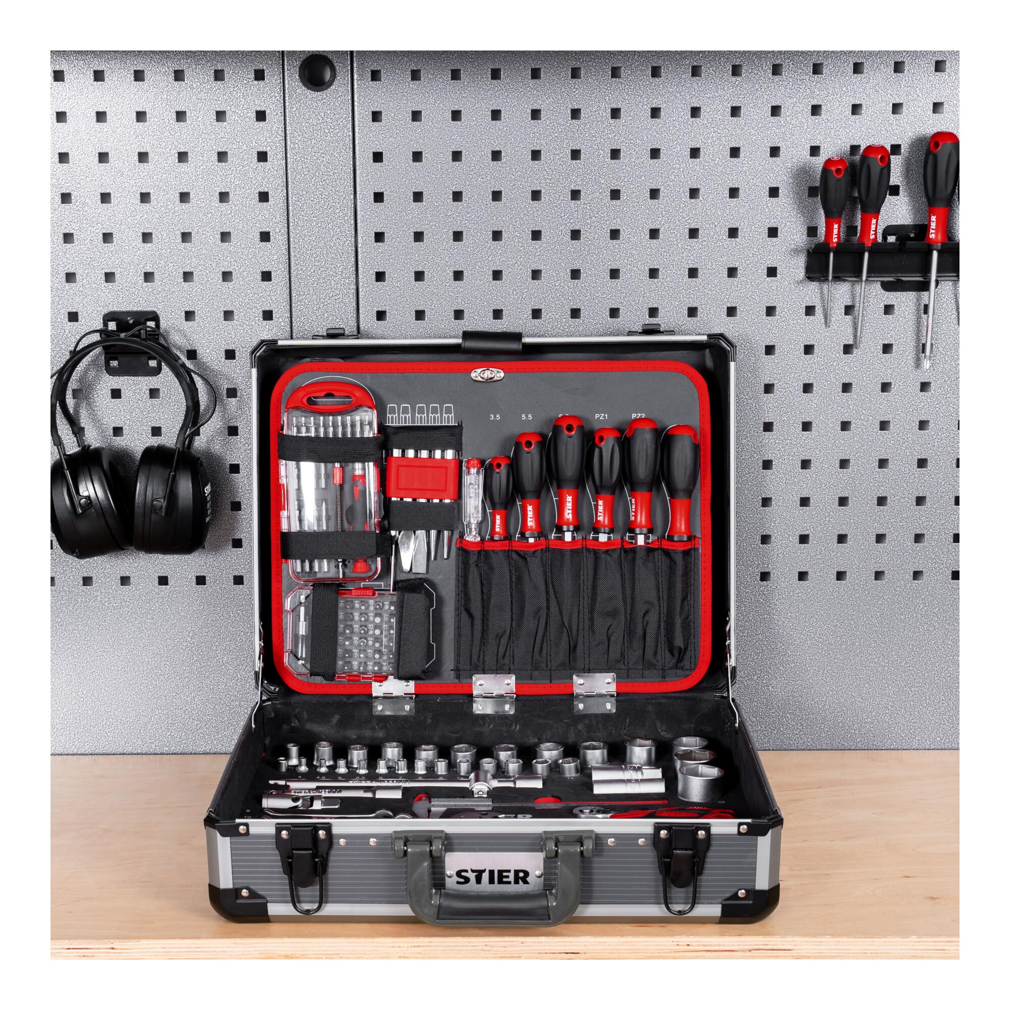 STIER Mallette à outils complète, boîte à outils en aluminium de 144 pièces, outils universels pour les réparations quotidiennes, y compris tournevis, ciseaux, pinces et scies