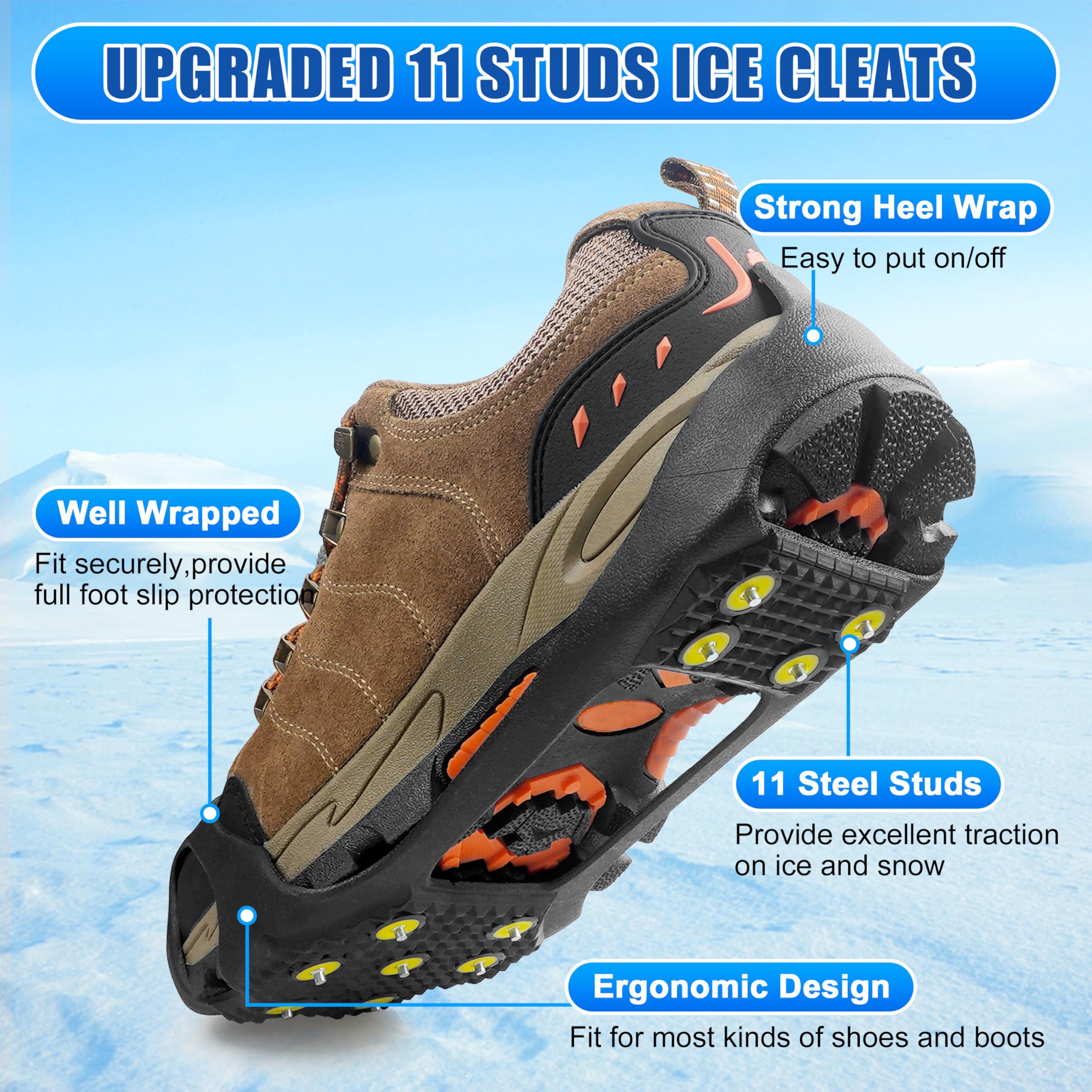 Eis- und Schneestollen für Schuhe und Stiefel, rutschfeste Steigeisen mit 11 Nieten, Eis, Schnee, Greifer, für Männer und Frauen, Spaziergänge auf Schnee, Eis