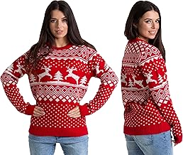 Womens Ugly Christmas Jumper Pullover Classic-Fit Long Sleeve Knitted Crew Neck Retro Reindeer Fairisle Vintage Essential Red Blue Black Xmas Gift Ladies Sweater Size S to XXL