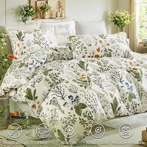 Miniatura 2 de Juego de edredón verde tamaño Queen, 100% algodón, reversible, con patrón floral, juego de edredón de 3 piezas de algodón suave y ligero, para todas