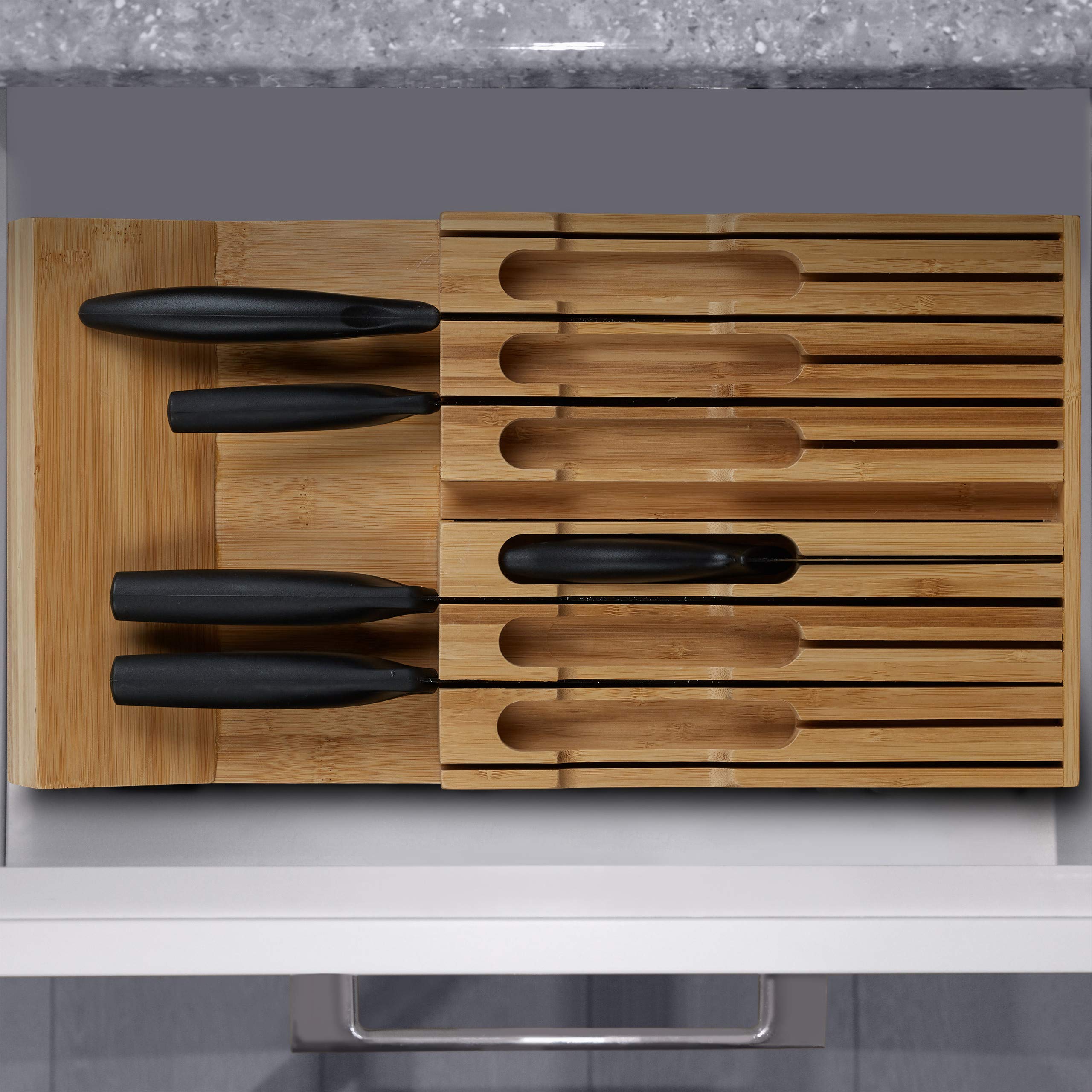 Relaxdays Range couteaux tiroir, 12 couteaux & aiguisoir, bloc en bambou, horizontal, HLP: 4,5 x 43,5 x 23 cm, nature