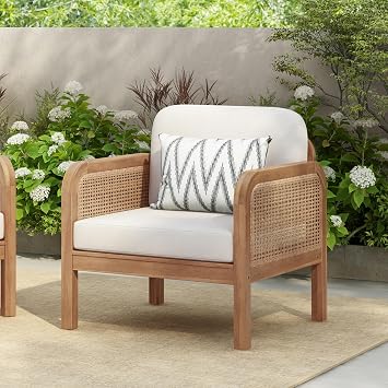 Christopher Knight Home Peter Patio Acacia Wood Club Chair with Cushions, Comfy Lounge Chair Outdoor, Stylish Garden Seating, Wicker Armchair for Porch, Backyard, Balcony, Light Brown & Beige